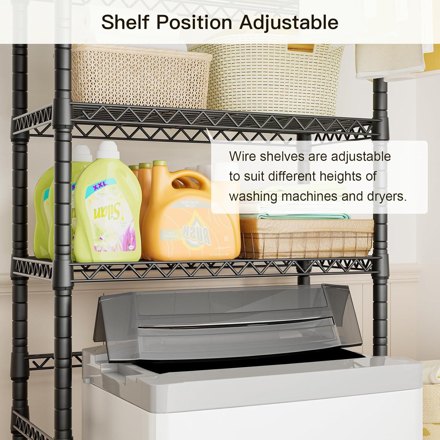 Mini Over Washer and Dryer Shelves, 3 Tiers Laundry Room Storage and Organizer Standing Shelf, Metal Freestanding Clothes Drying Rack, 28.3”W x 19.7”D x 77.6”H, Black