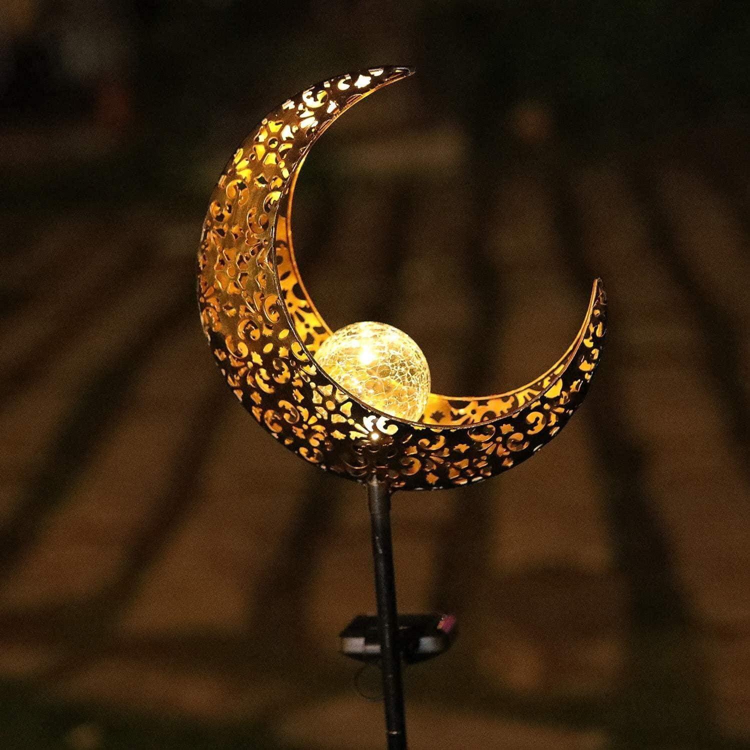 TRAHOO-Garden Solar Light Outdoor Decorative, Moon Crackle Glass Globe Stake Metal LightsWaterproof Warm White LED for Pathway, Lawn, Patio, Yard