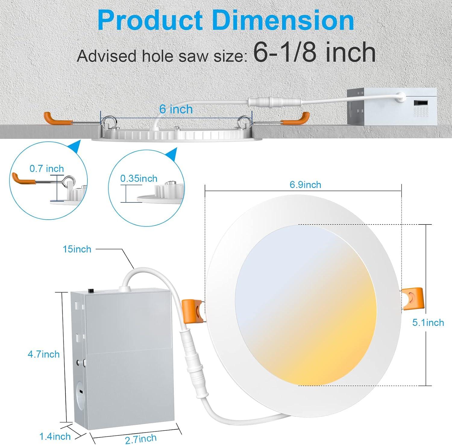 PARMIDA (12 Pack) 6 Inch Ultra-Thin LED Recessed Ceiling Light with Junction Box, 5CCT Color Selectable 2700K/3000K/3500K/4000K/5000K, 12W, Dimmable Canless Wafer Slim Panel Downlight, IC Rated, ETL