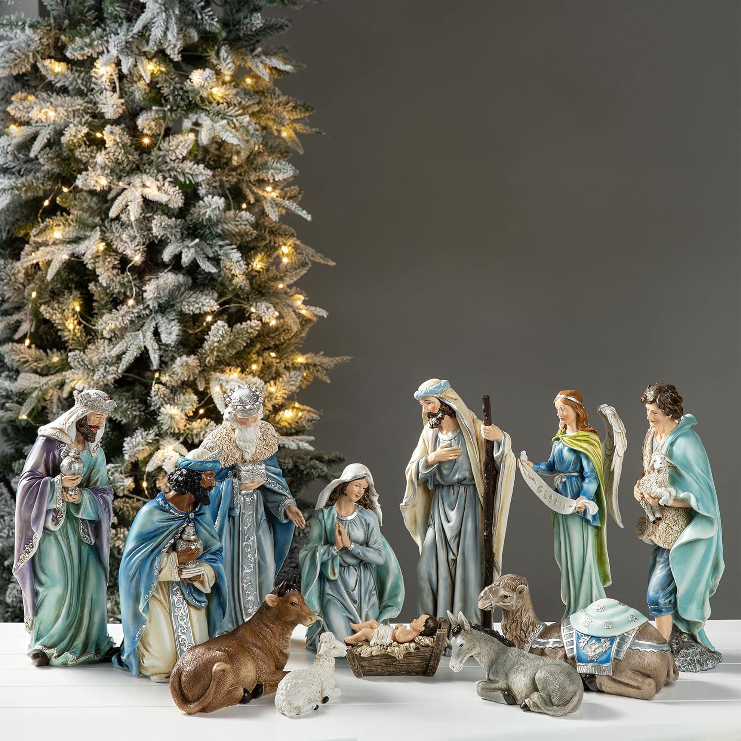 Deluxe Blue Resin Nativity Figurine Set with 12 Pieces