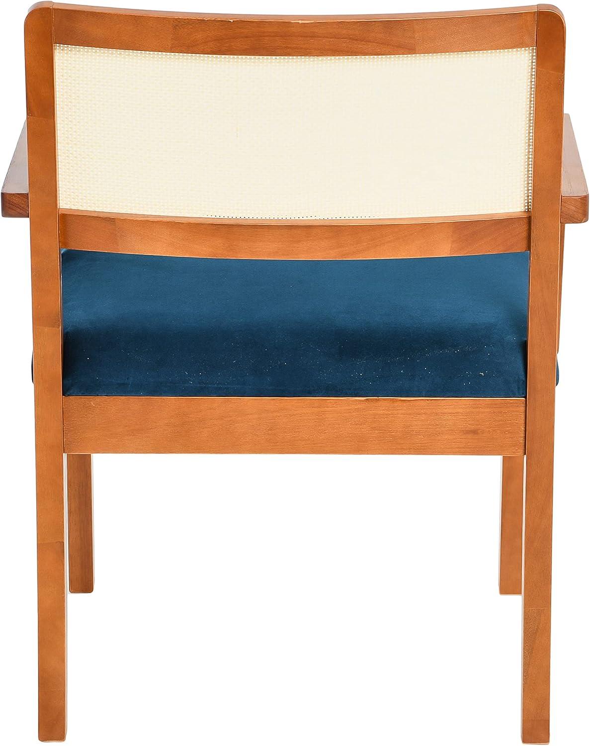 Creative Co-Op Crawford Mid-Century Modern Eucalyptus Wood Arm Chair W/ Cane Back and Velvet Upholstered Seat Cushion,Dark Blue