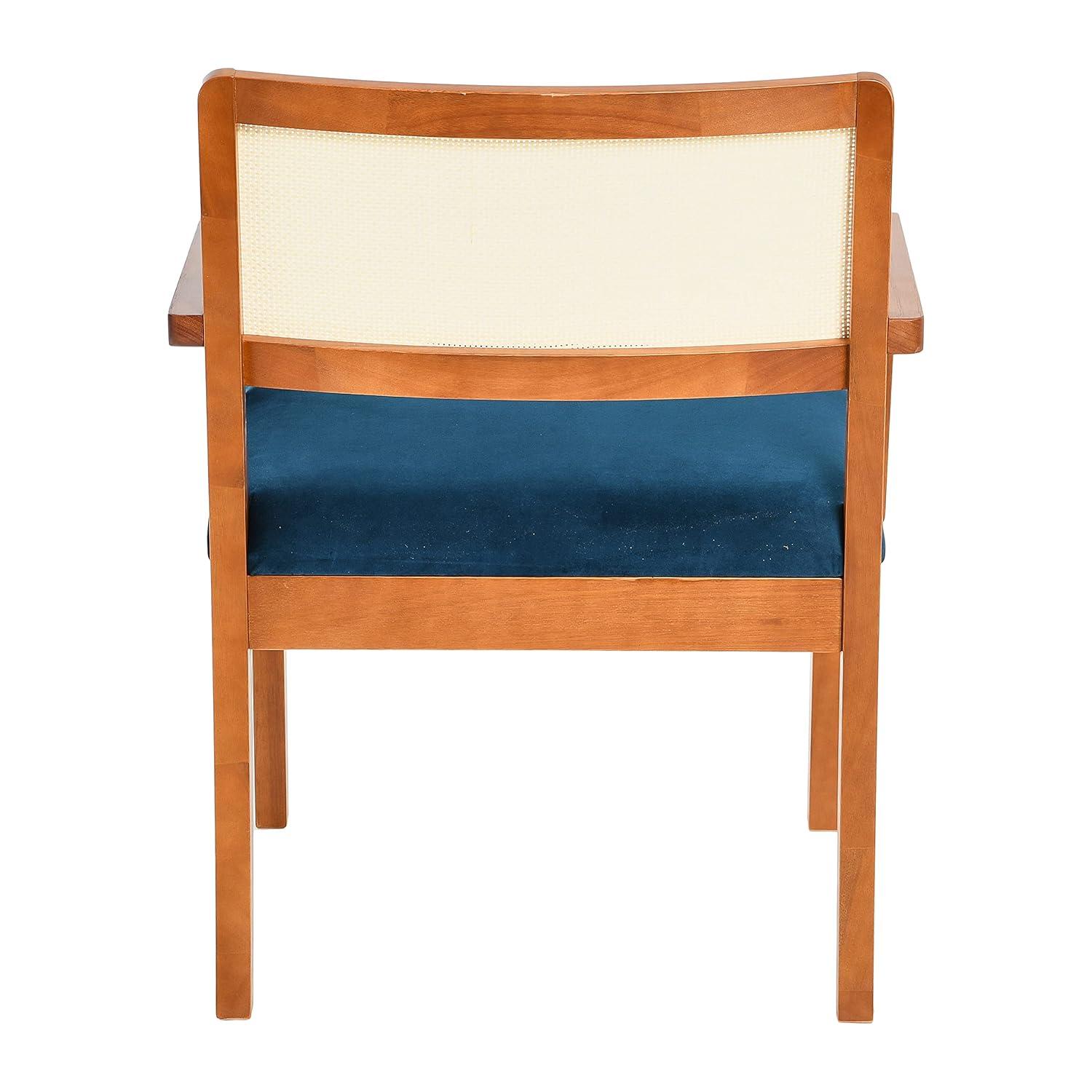 Creative Co-Op Crawford Mid-Century Modern Eucalyptus Wood Arm Chair W/ Cane Back and Velvet Upholstered Seat Cushion,Dark Blue