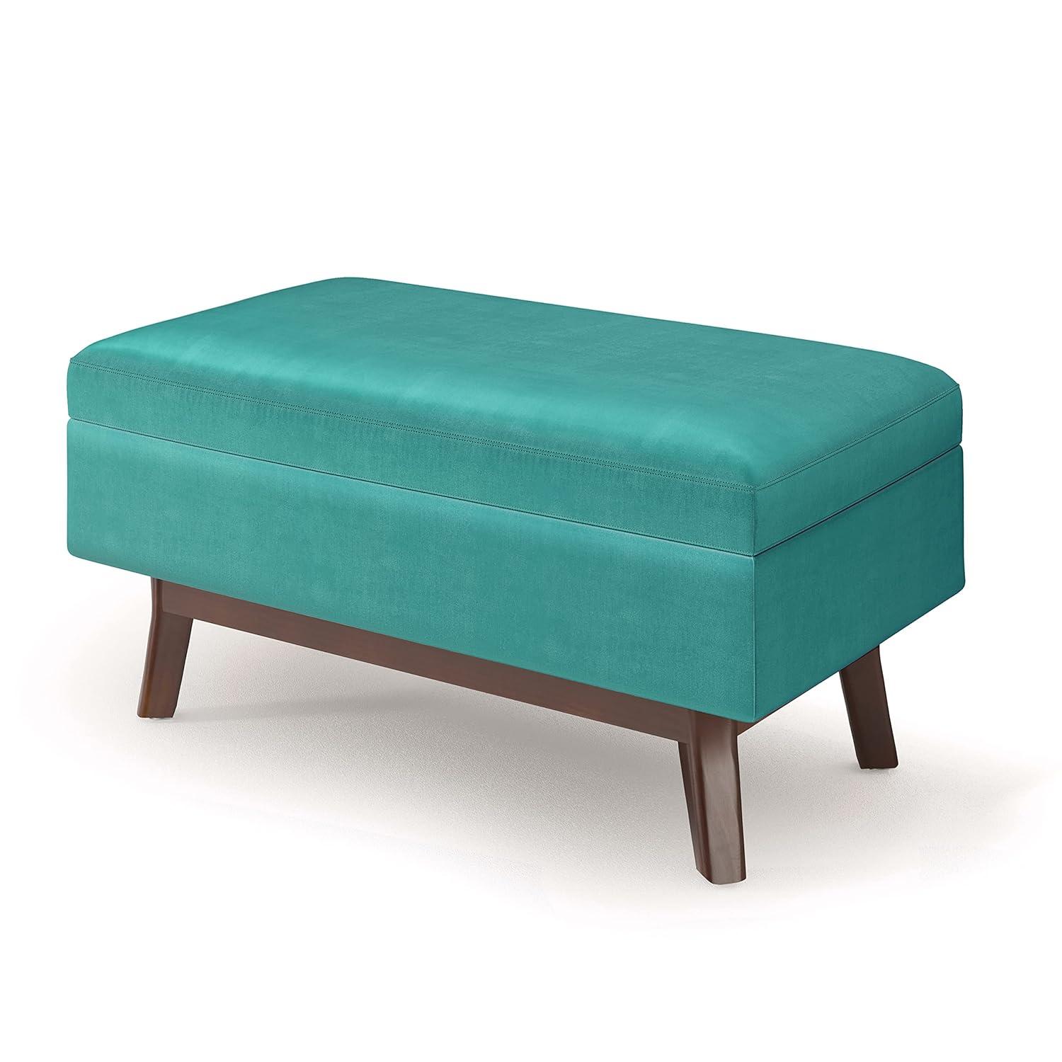 Simpli Home Owen 36 inch Wide Mid Century Modern Rectangle Small Rectangular Storage Ottoman in Aqua Blue Velvet Fabric