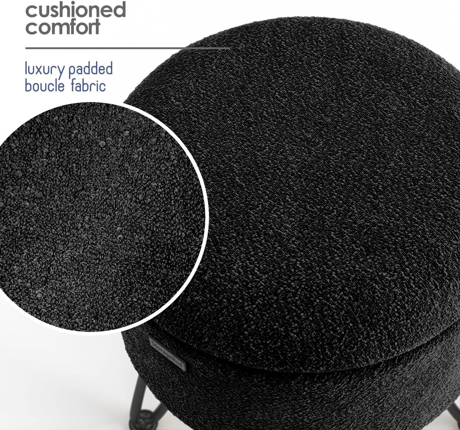 StorageBud Round Ottoman with Storage, Boucle Storage Ottoman, Modern Foot Stool Ottoman for Living Room and Bedroom, Black/Black Legs
