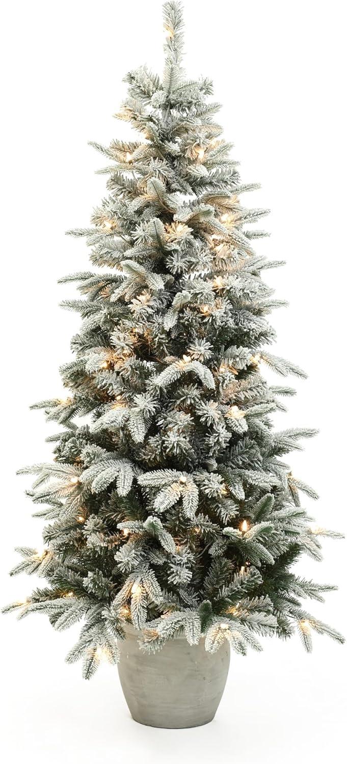 LuxenHome 5Ft Pre-Lit Snow Flocked Slim Fir Potted Artificial Christmas Tree Green