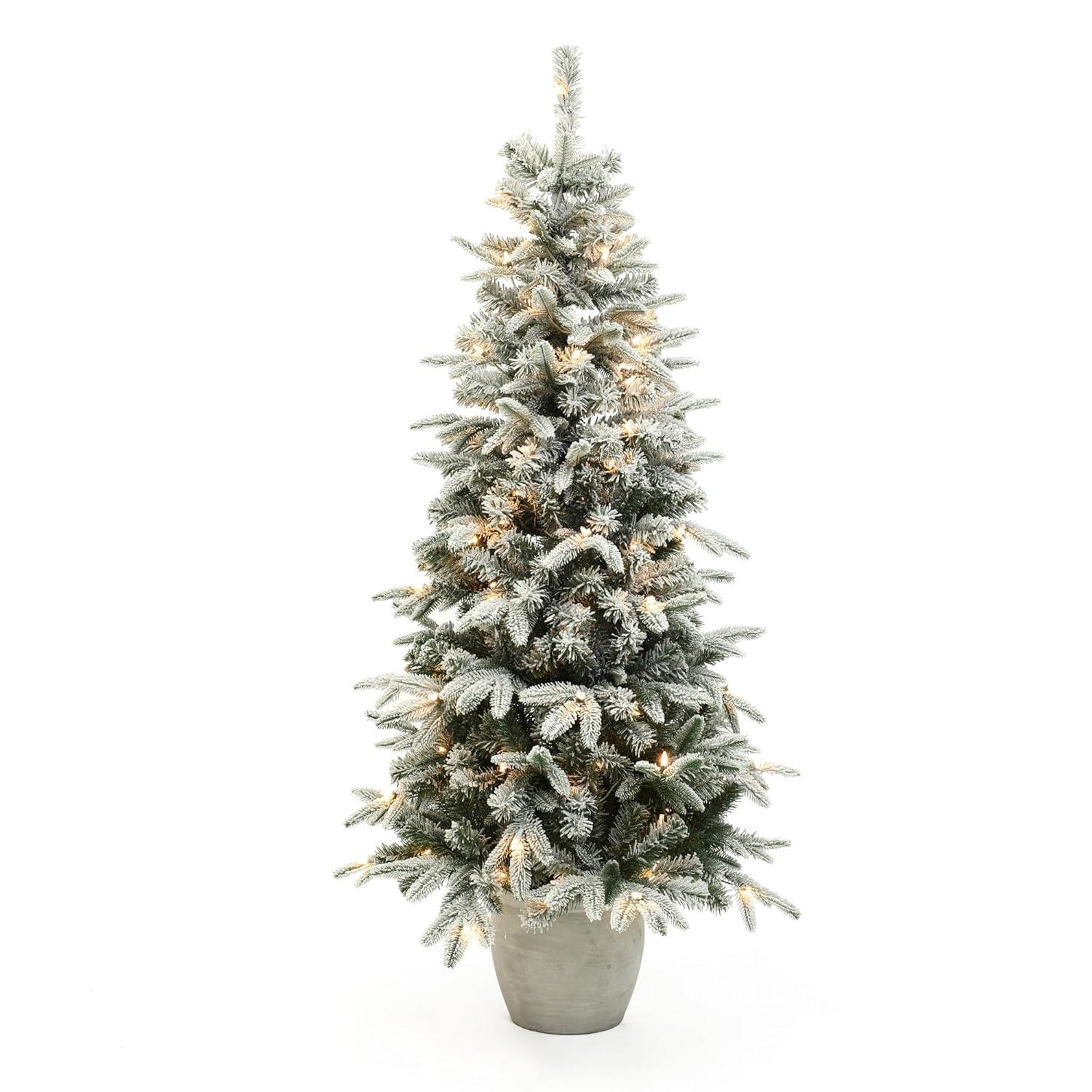 LuxenHome 5Ft Pre-Lit Snow Flocked Slim Fir Potted Artificial Christmas Tree Green