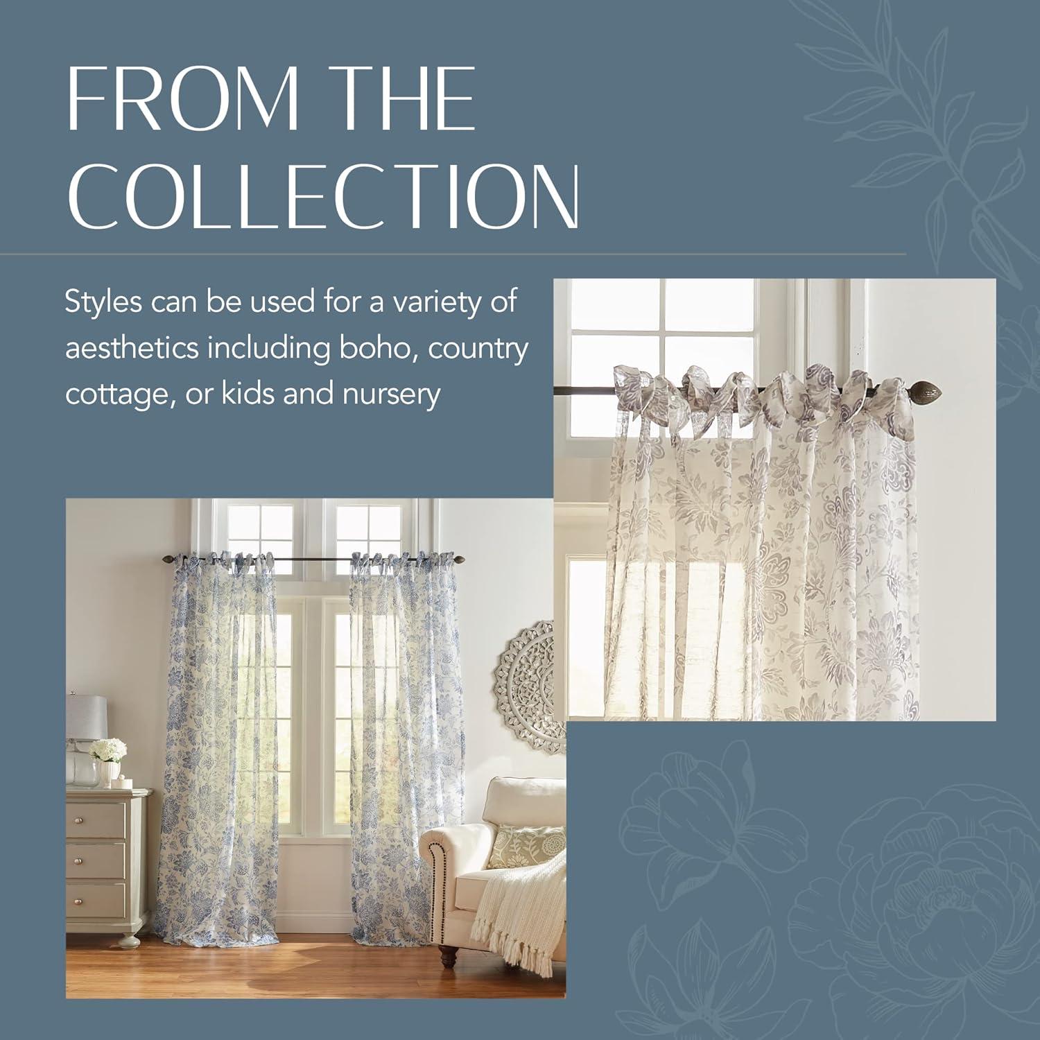 Flax Tie-Top Sheer Voile Curtains with Floral Print