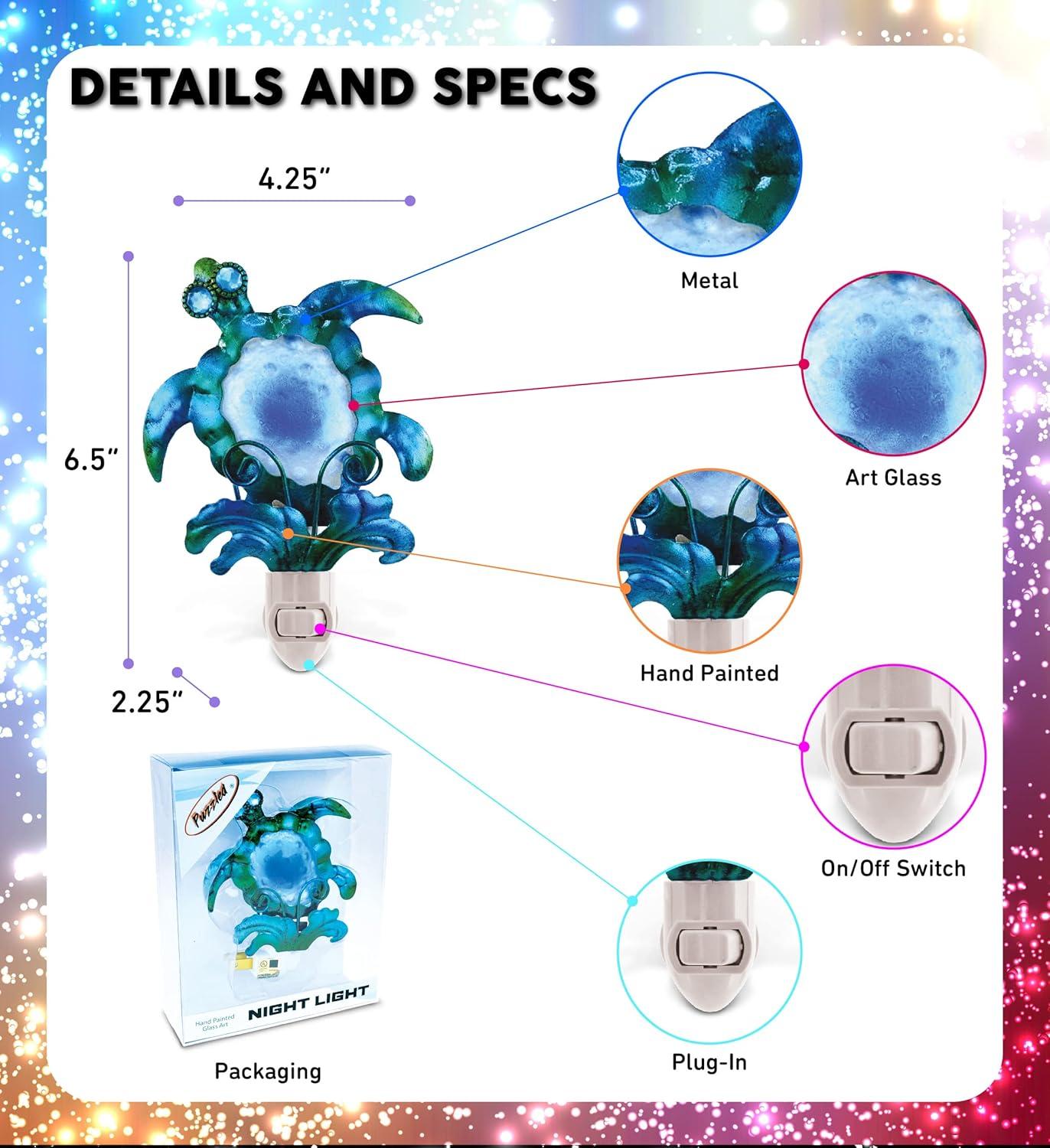 COTA Global Sea Turtle Night Light - Home Décor Wall Plug in Night Light with Switch, Unique Decorative Hand Made Metal & Glass Nightlight for Bathroom, Nursery, Hallway, Kitchen, Bedroom - 6.5 Inch