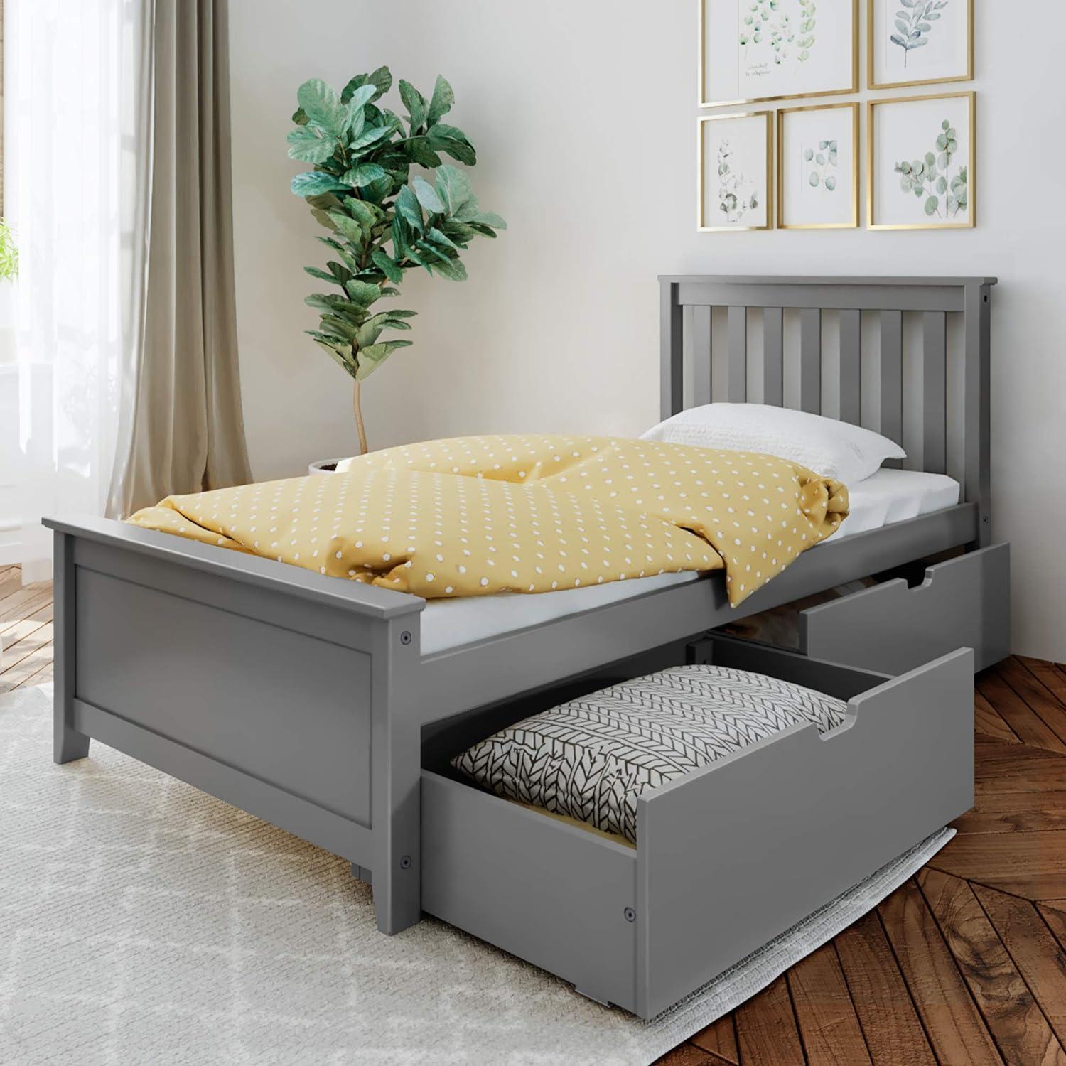 Max & Lily Twin Bed Frame with Storage Drawer, Solid Wood Platform Bed for Kids, Grey