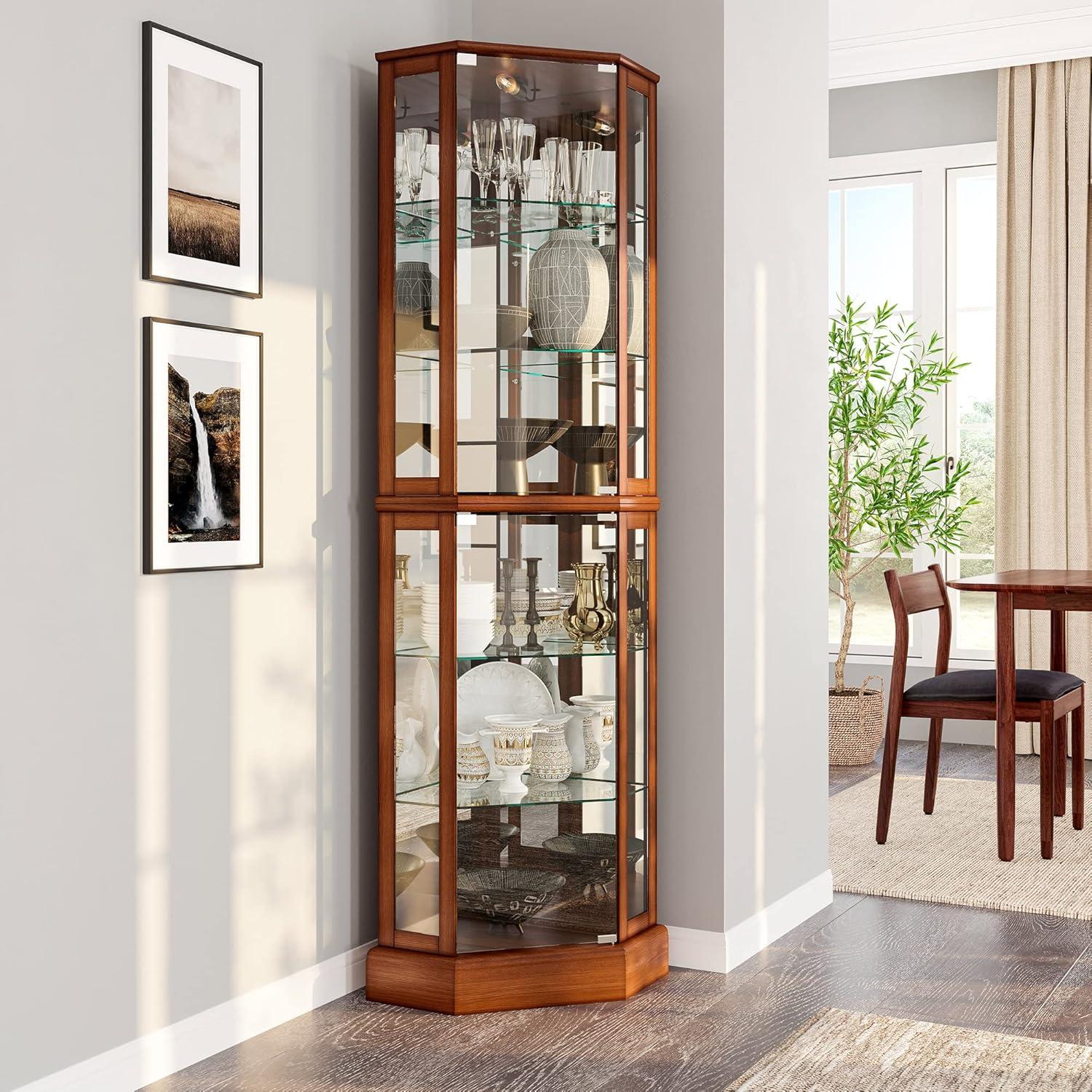 Oak Lighted Corner Curio Cabinet with Tempered Glass