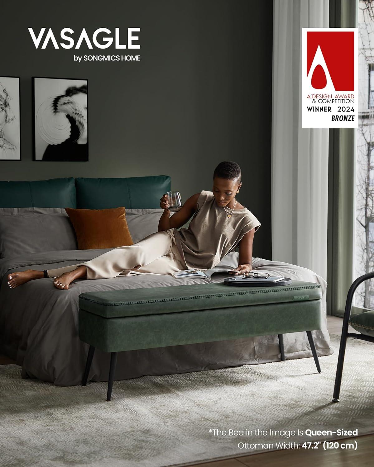 VASAGLE EKHO Collection - Storage Ottoman Bench Leather Entryway Bedroom Bench 15 Gallons for Bedroom Living Room Loads 660 lb Forest Green