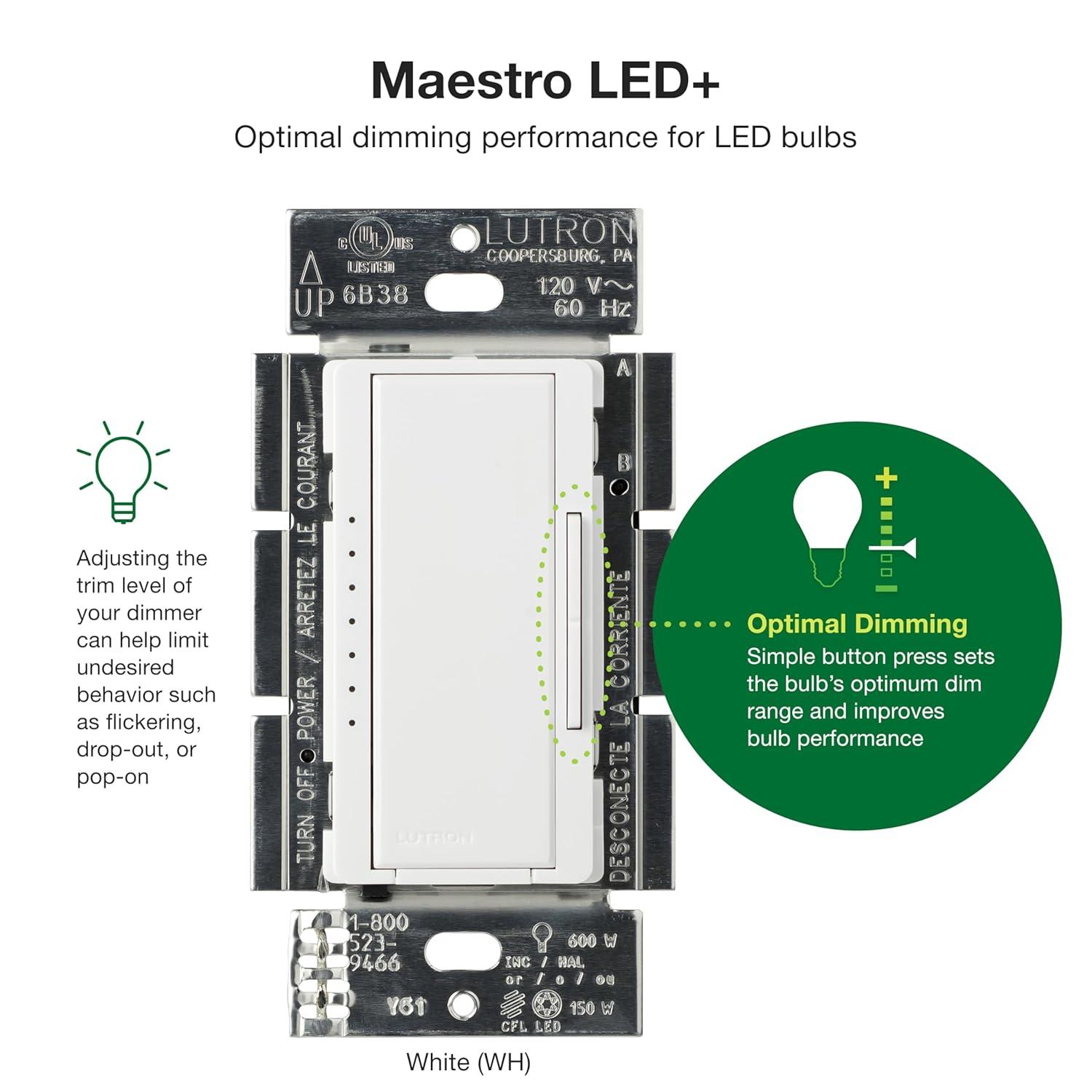 Lutron Maestro C.L Dimmer Switch for Dimmable LED, Halogen & Incandescent Bulbs, Single-Pole or Multi-Location, MACL-153M-WH