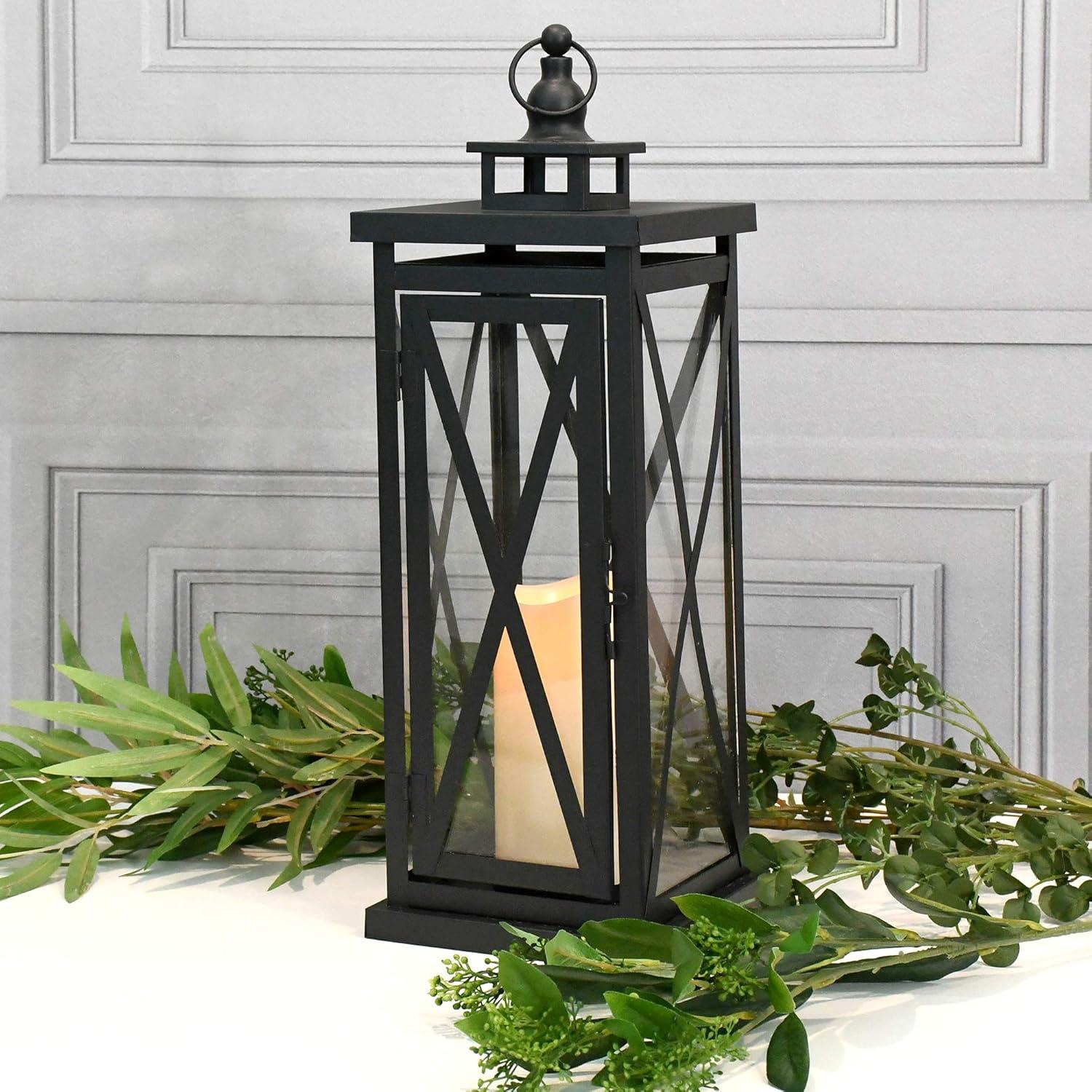 LumaBase Metal Lantern with Battery Operated Candle - Black Crisscross