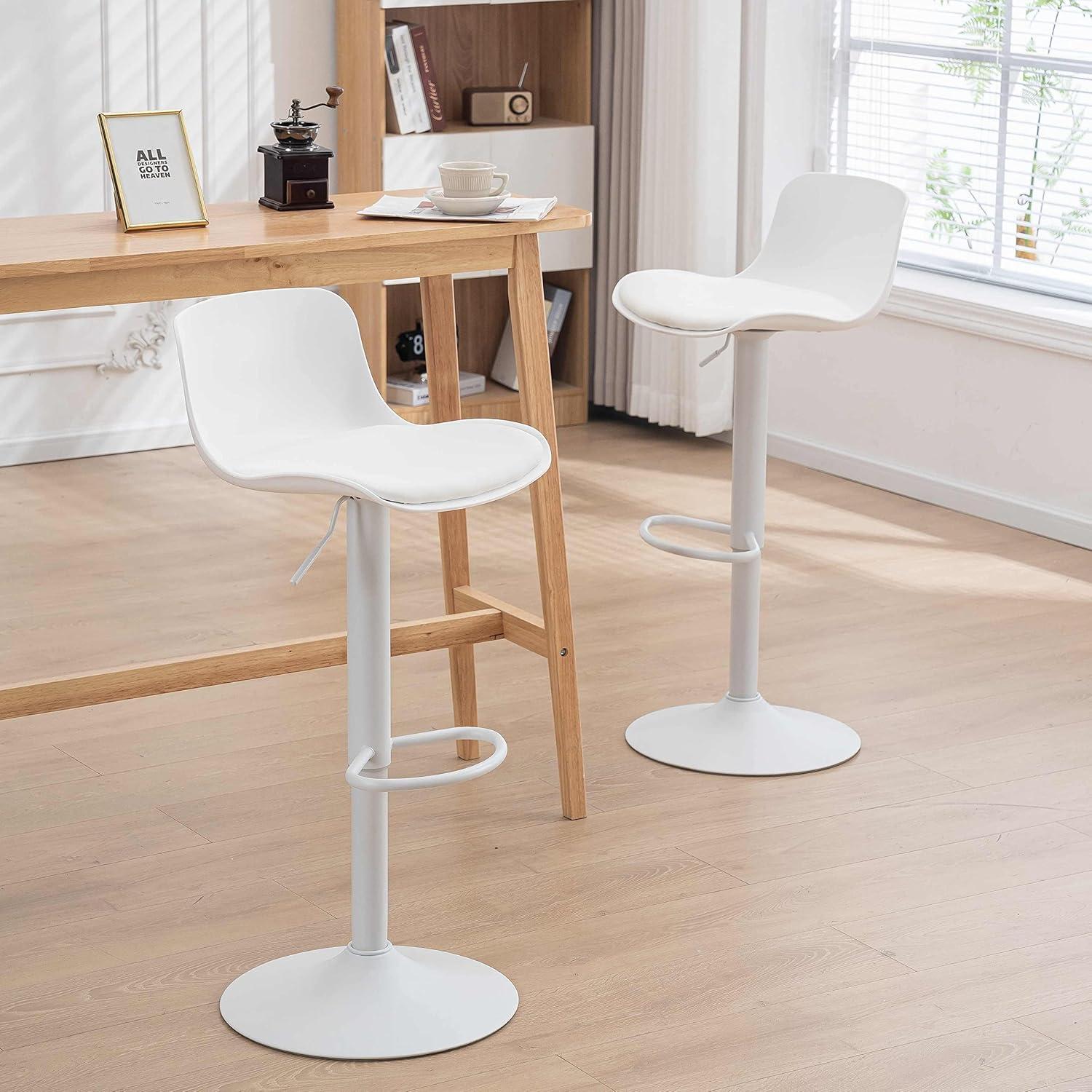 Height Adjustable Swivel PP Bar Stool with PU Padded Seat, White, Set of 2