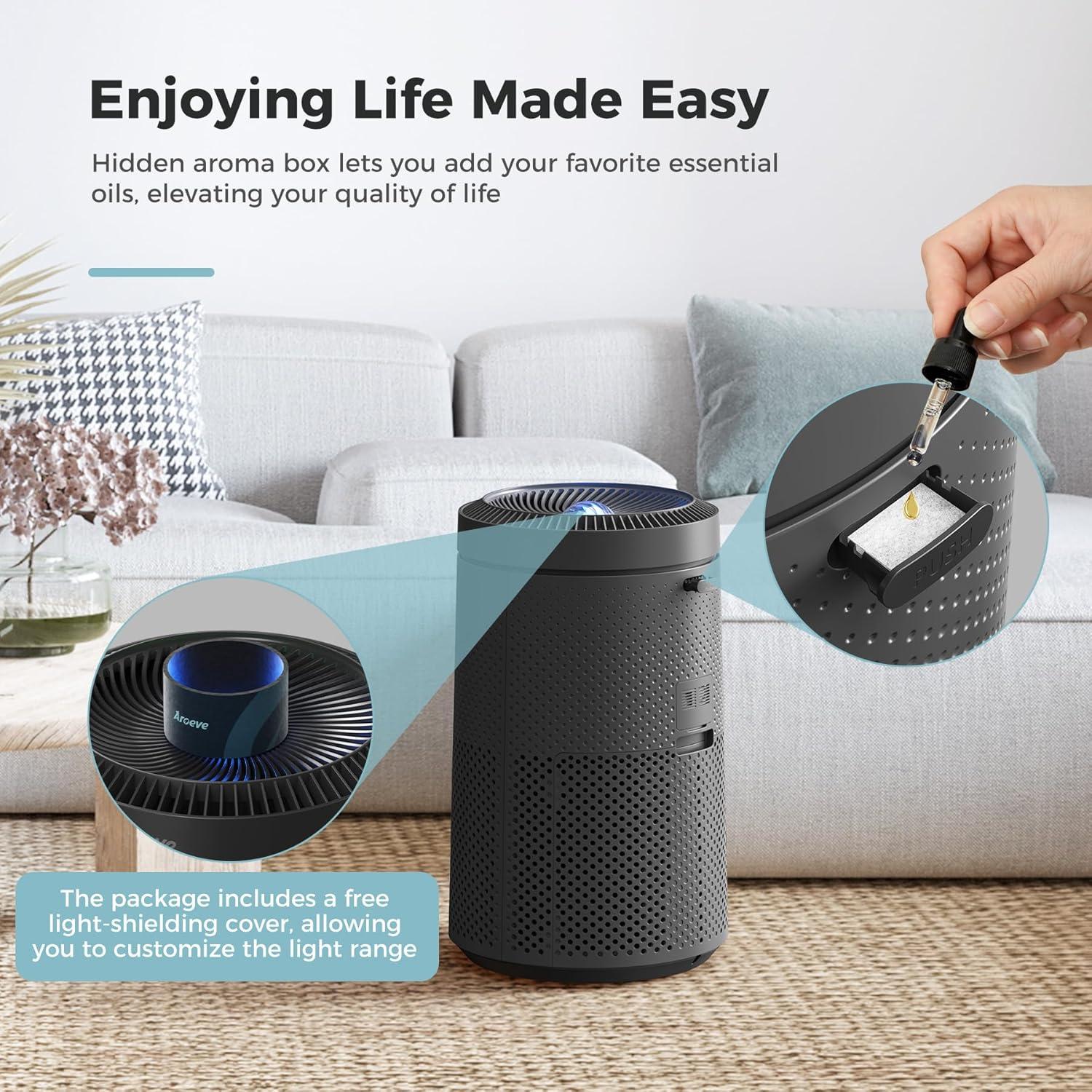 AROEVE Air Purifier for Large Rooms up to 1,782 Sq. Ft. with Star Projector, Smart WiFi, Air Quality Sensor, UV Function, and Washable Filter for Whole Home Use for a Cozy Holiday, MK09W Black