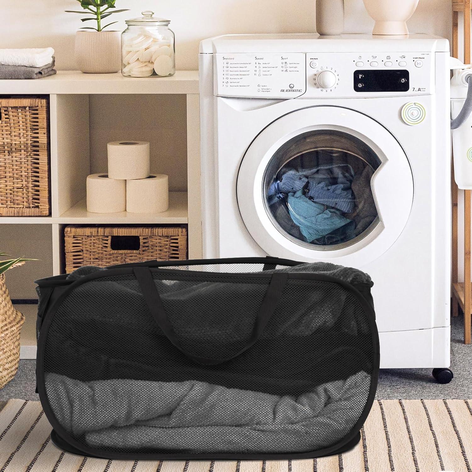 Durable Collapsible Laundry Baskets, Mesh Pop Up Laundry Hamper with Side Pocket, Foldable Clothes Storage Hamper with Reinforced Carry Handles for Laundry, Bathroom, Kids Room, Dorm or Travel Grey