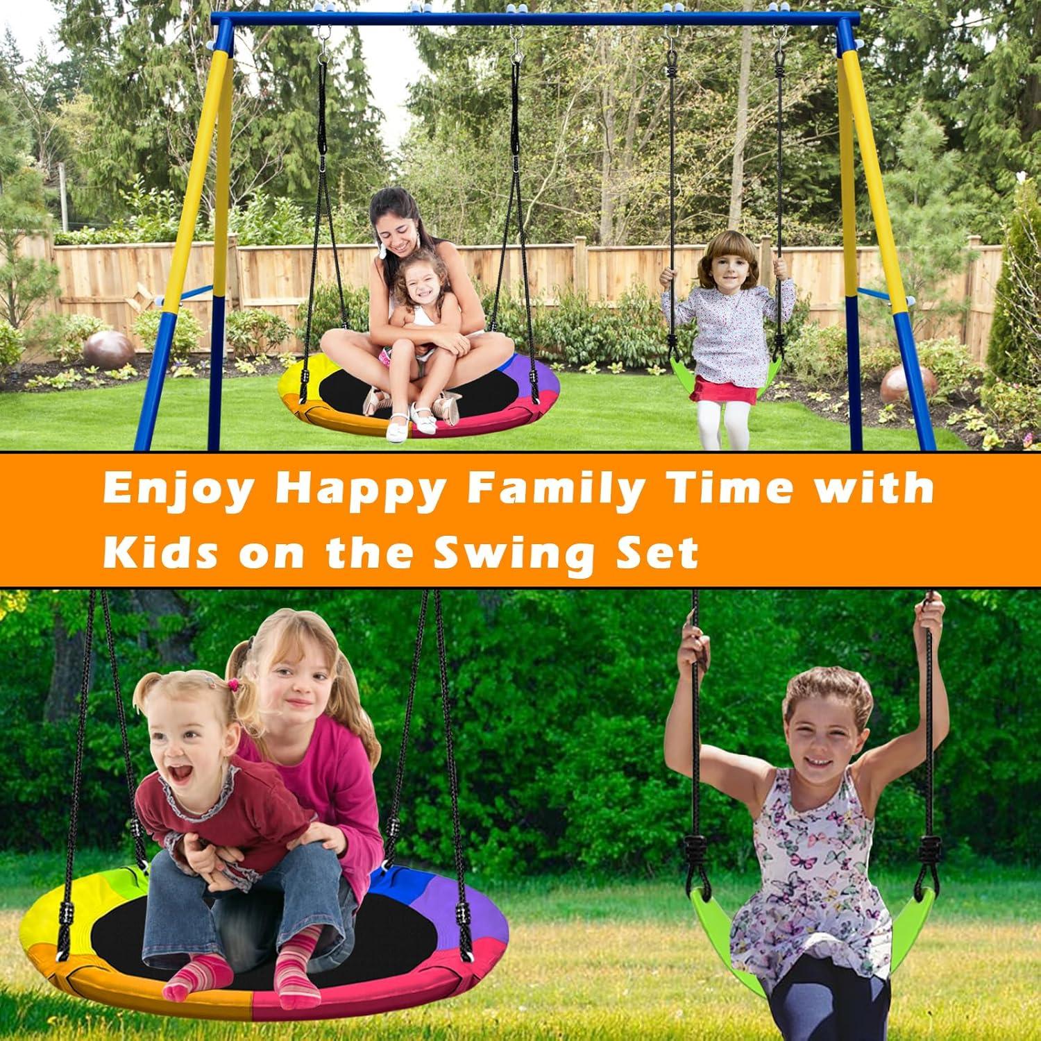 Metal Swing Sets for Backyard - 440 lbs Heavy Duty Swing Stand A-Frame Kids Outdoor Swing Adjustable Ropes Saucer Swing with Frame 2 Seats Playground Sets