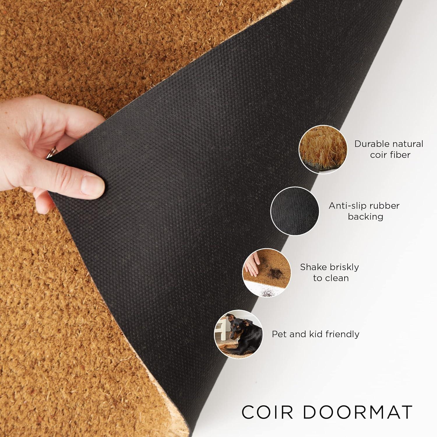 DII Hello Coir Fiber Doormat Non-Slip Durable Outdoor/Indoor, Pet Friendly, 17x29", Storm Blue