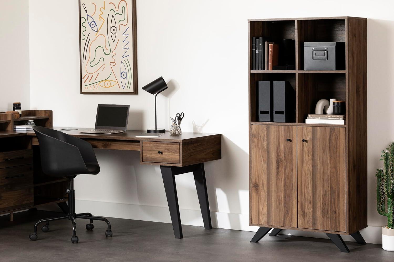 Natural Walnut 5-Shelf Office Bookcase with Doors