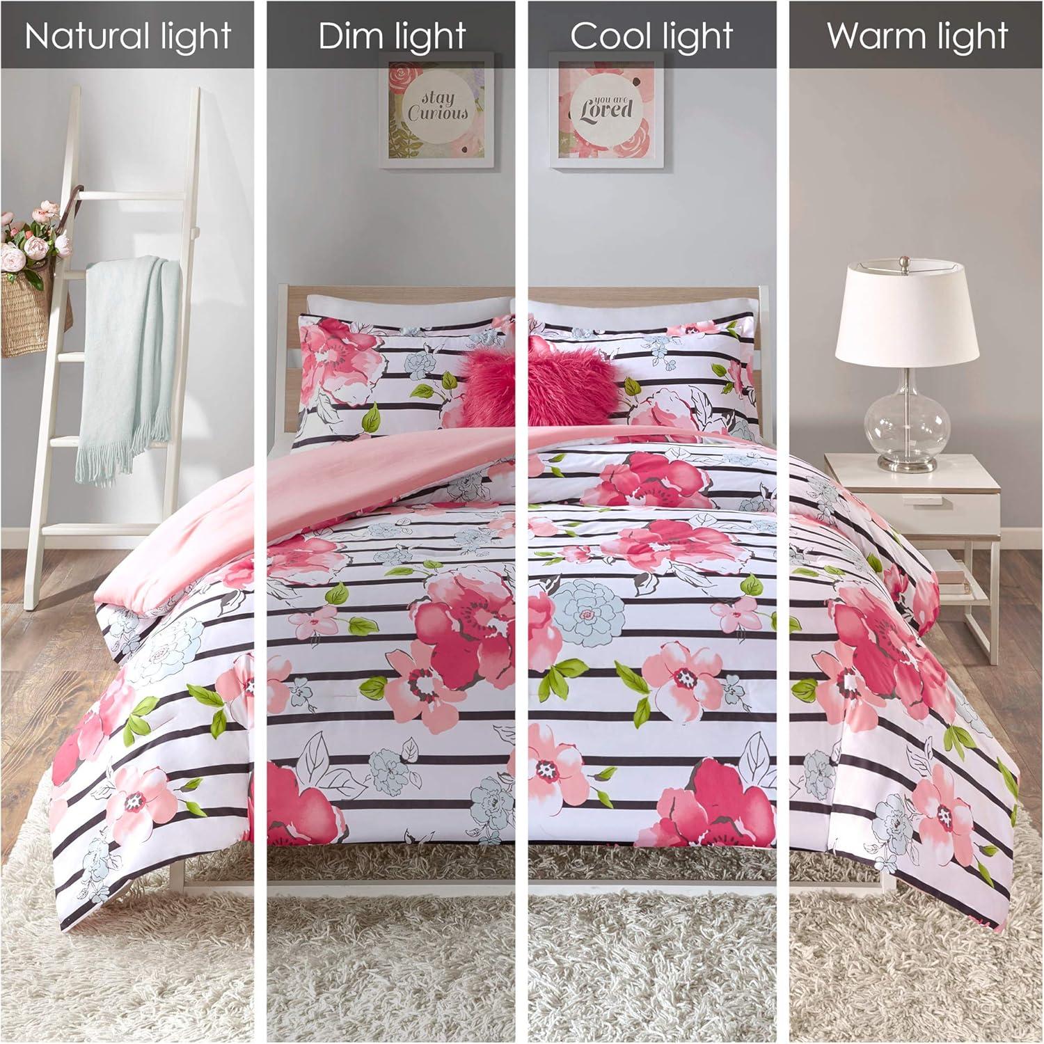 Comfort Spaces Full/Queen Comforter Sets, 4-Piece Floral Kids Bed Sets for All Season, Pink and Black Bedding Comforter Sets for Girls