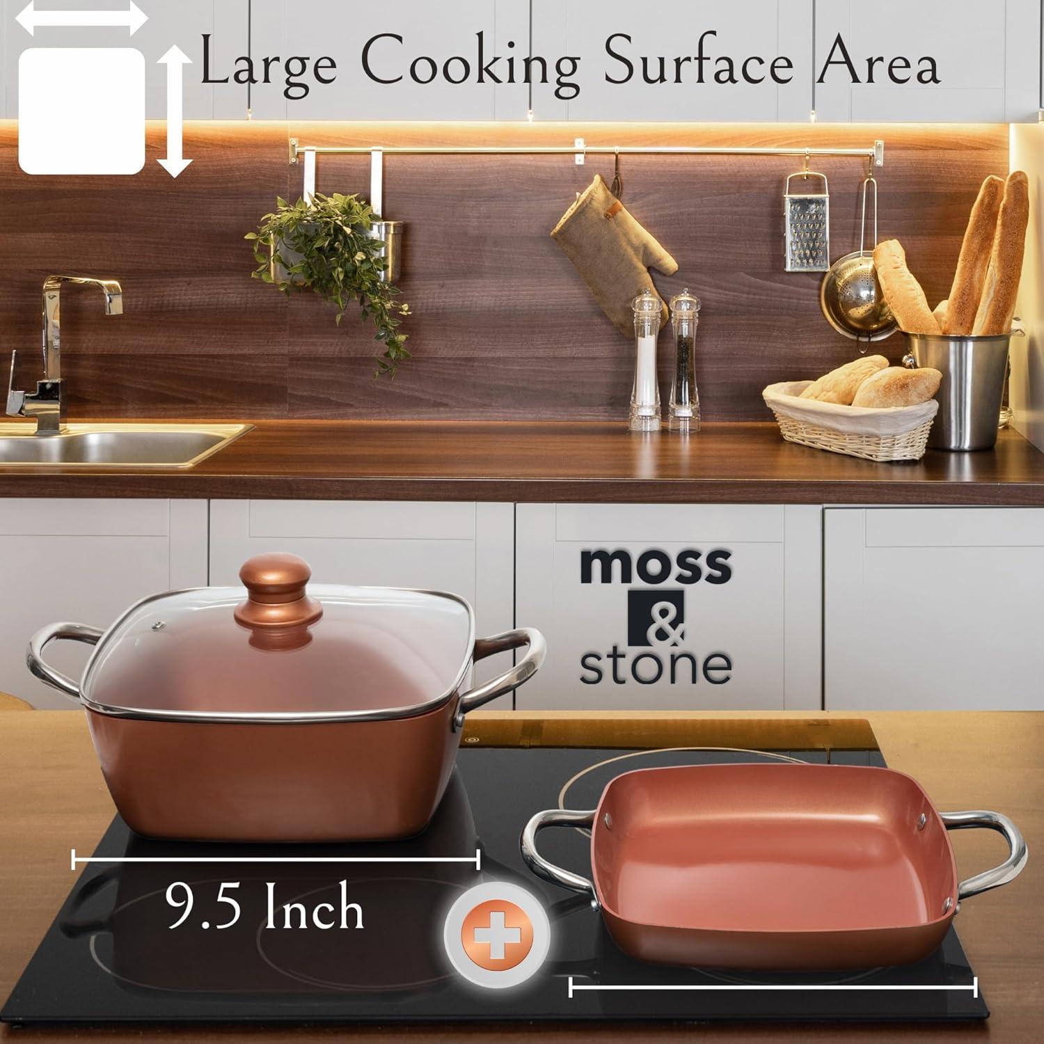 Moss & Stone Copper 6 Piece Set Chef Cookware, Non Stick Pan, Deep Square Pan, Fry Basket, Steamer Tray, Dishwasher & Oven Safe, 5 Quart Copper Pot Set, 9.5" Copper Induction Cookware Set