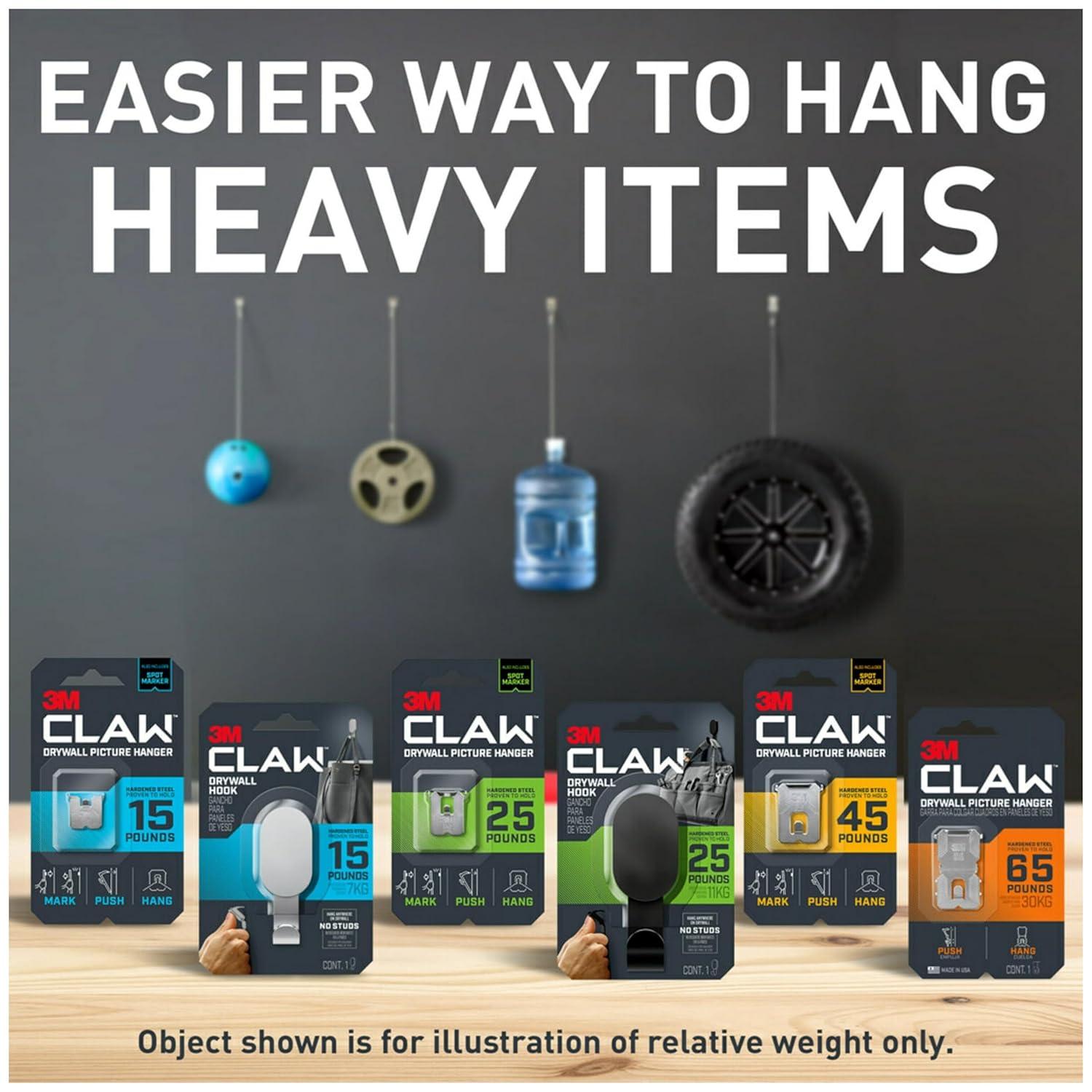 3M CLAW 25 lb. 2 Drywall Black Hooks & 2 Extra Picture Hangers, Heavyweight Hanging Solution for Backpacks, Jackets, Pictures and Room Decor, Cute Wall Hooks - 4 Pack