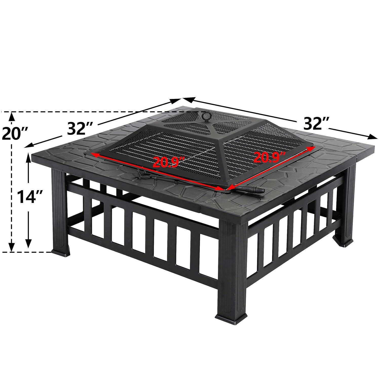 LEMY 32 Inch Outdoor Fire Pit Table, Wood Burning Firepit Stove with Lid for Camping&BBQ, Garden, Backyard