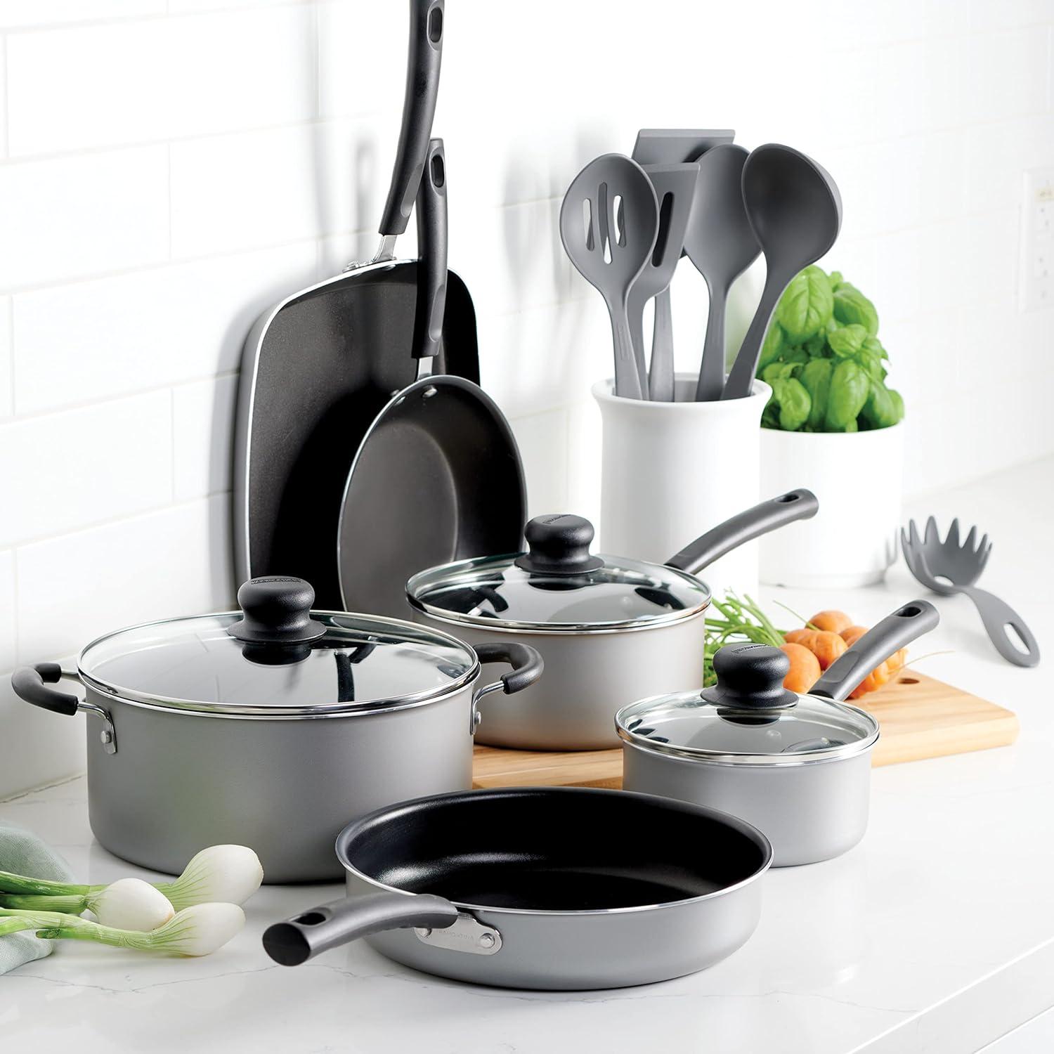 15-Piece Silver Nonstick Aluminum Cookware Set with Utensils