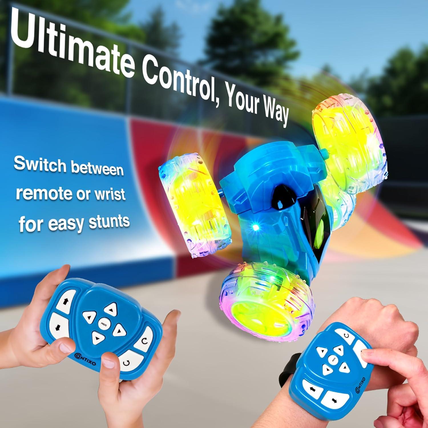 Contixo SC3 RC Stunt Car, 360 Flip & Rotate, LED Lights, Wristband Controller, All-Terrain, Ages 4-7 - Blue