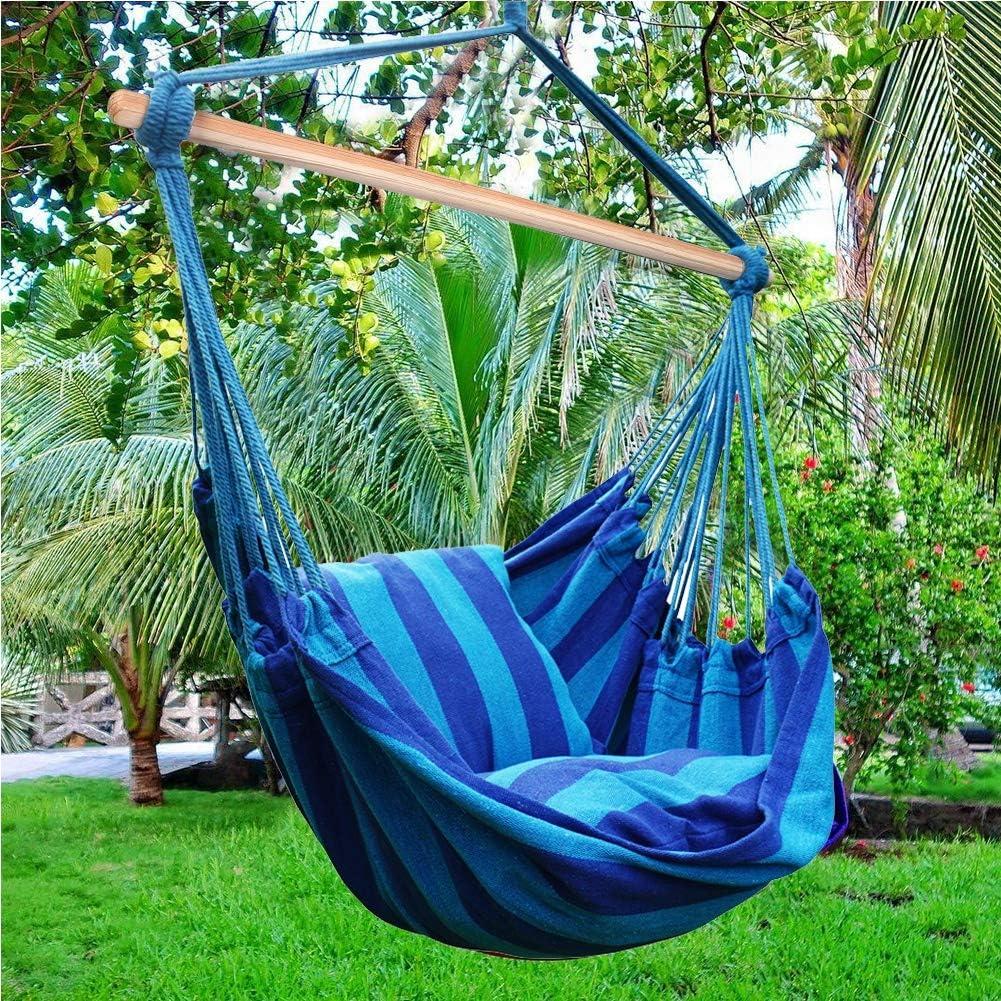 Blue and Green Striped Cotton Hanging Hammock Chair with Cushions