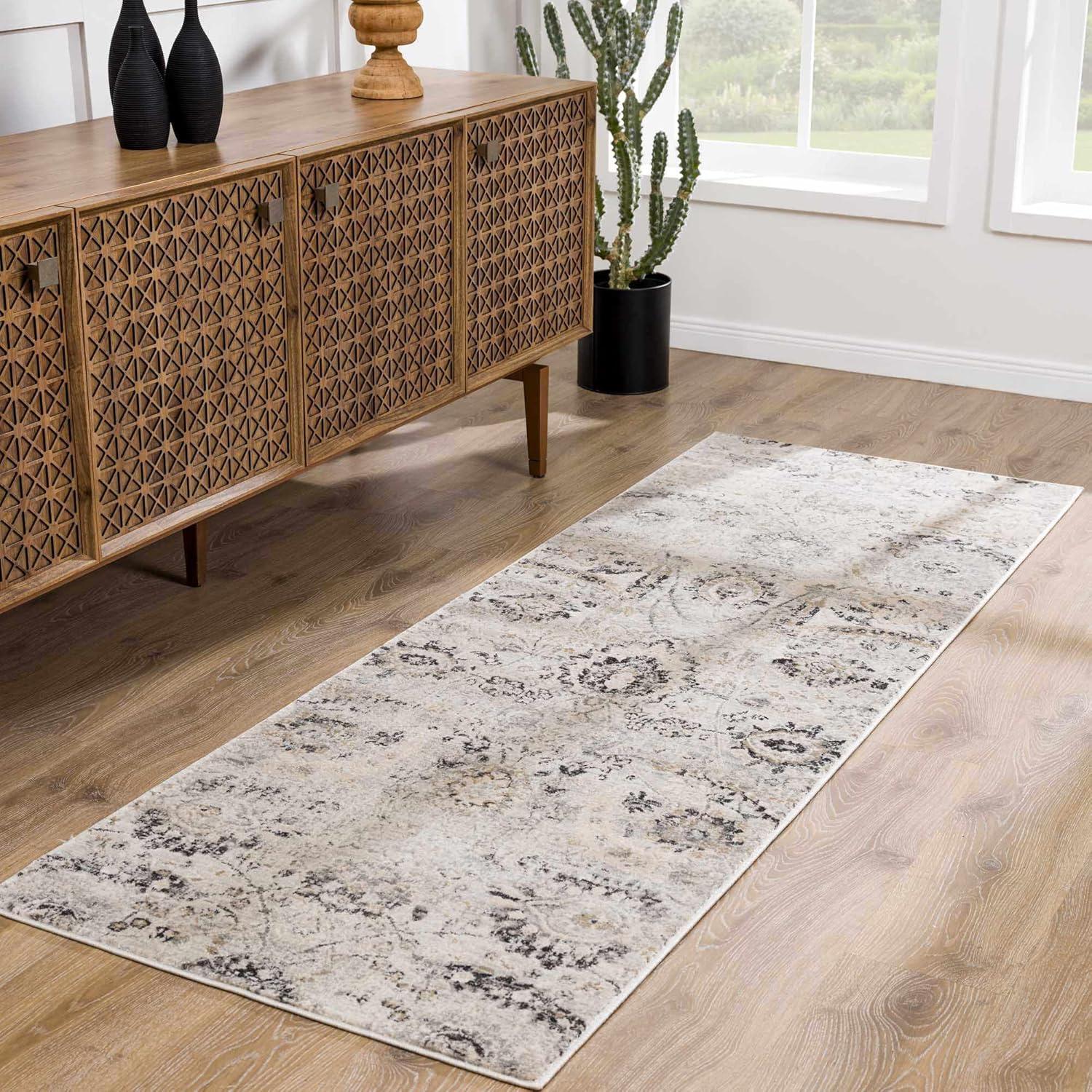 Hauteloom Georgiana Rustic Farmhouse Traditional Floral Medallion Carpet for Living Room, Bedroom - Boho Vintage Oriental Damask Area Rug - Grey, Black, Light Brown, Cream - 5'3" x 7'3" (5x7)