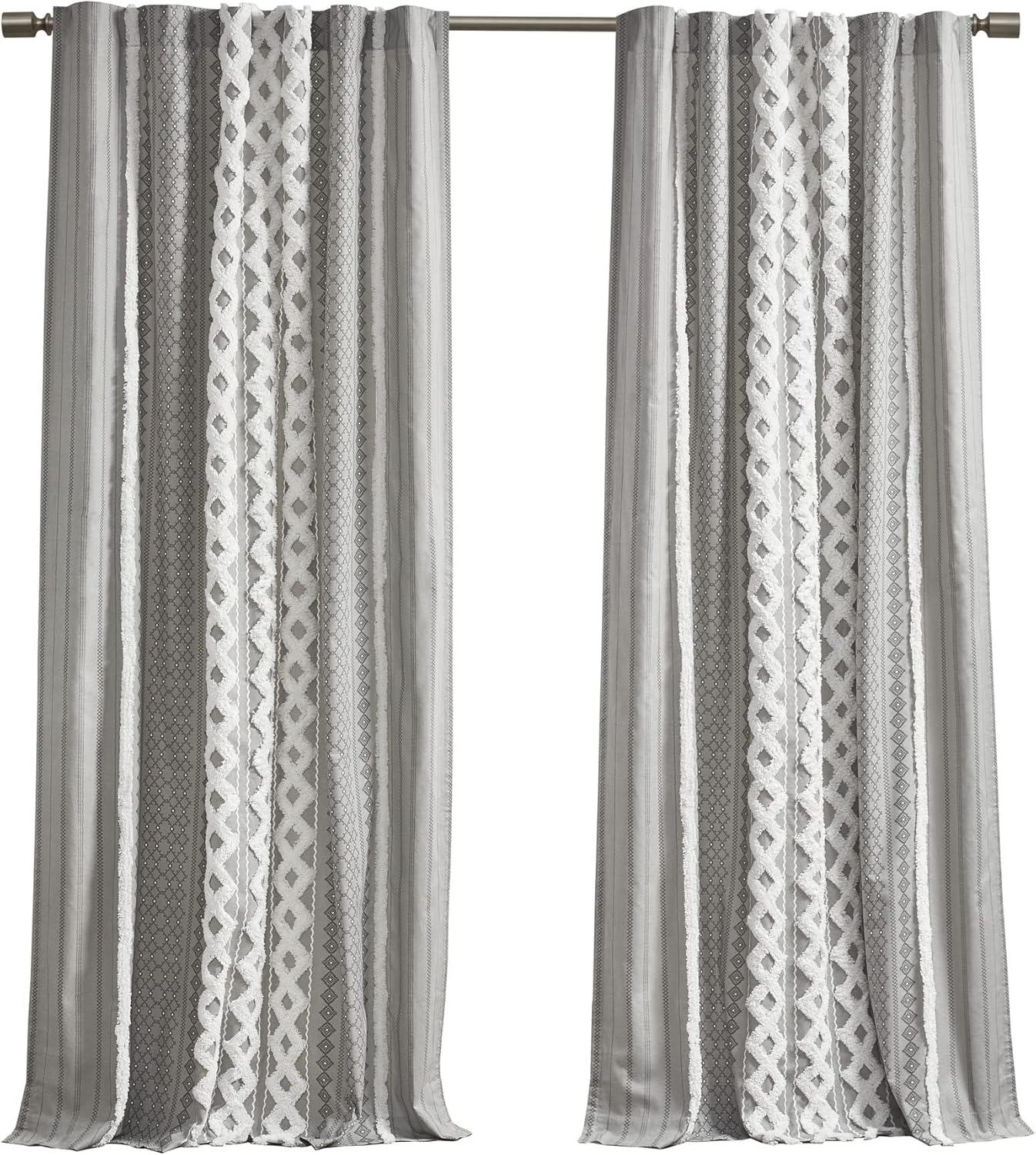 INK+IVY Imani Cotton Printed Boho Single Curtain Panel with Chenille Stripe and Lining