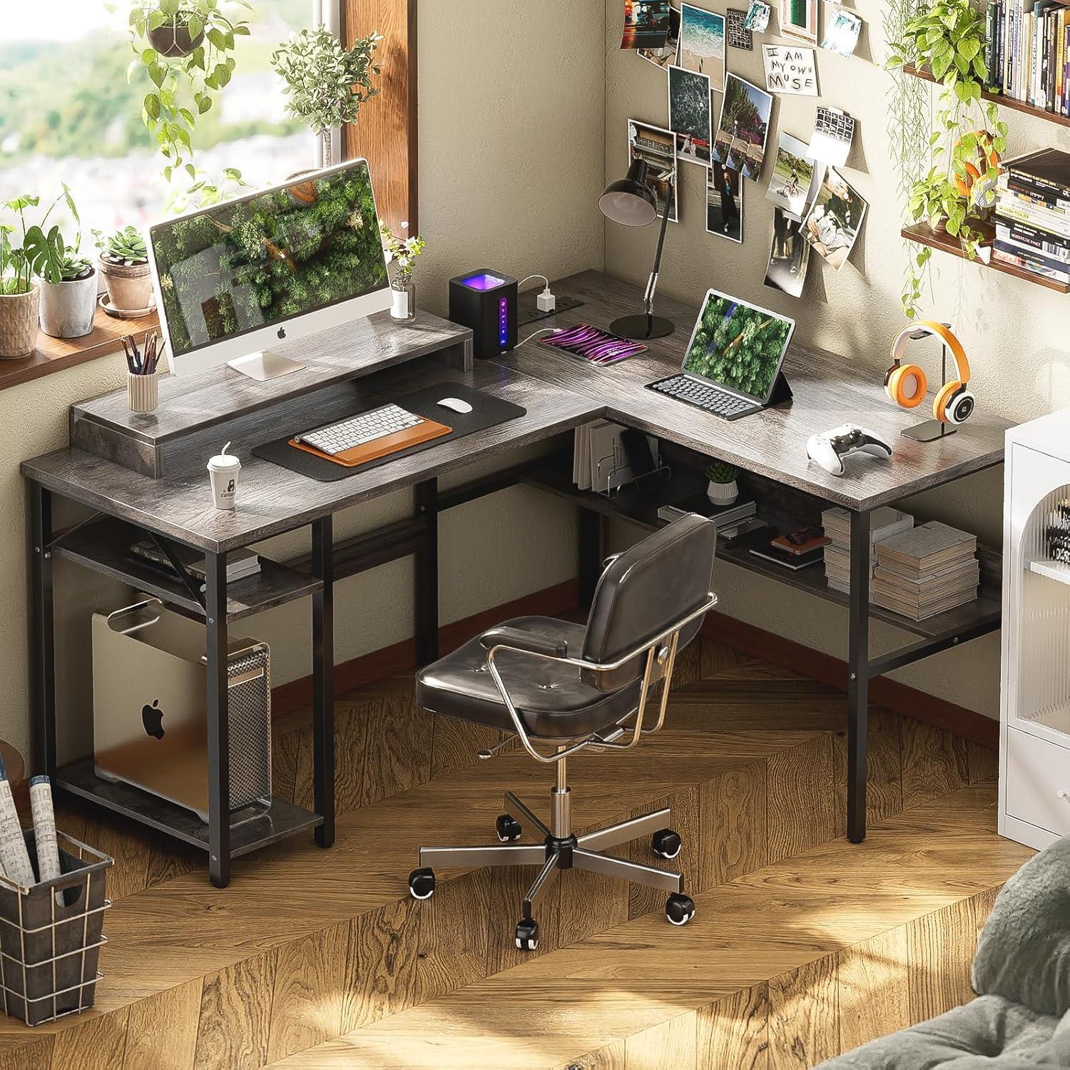Unikito Reversible L Shaped Desk with Power Outlets and RGB LED Light, Sturdy Computer Desk with Ergonomic Monitor Stand and Storage Shelves, Corner Desk for Home Office, Easy Assembly, Black Oak