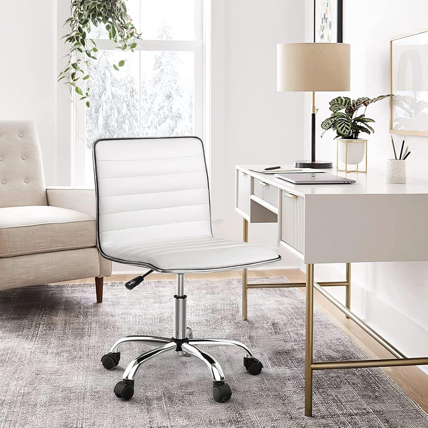 BOSSIN Adjustable Home Office Chair, Mid-Back Armless Ribbed Swivel Task Chair,Vanity Chair for Small Space, Living Room, Make-up, Studying (White)