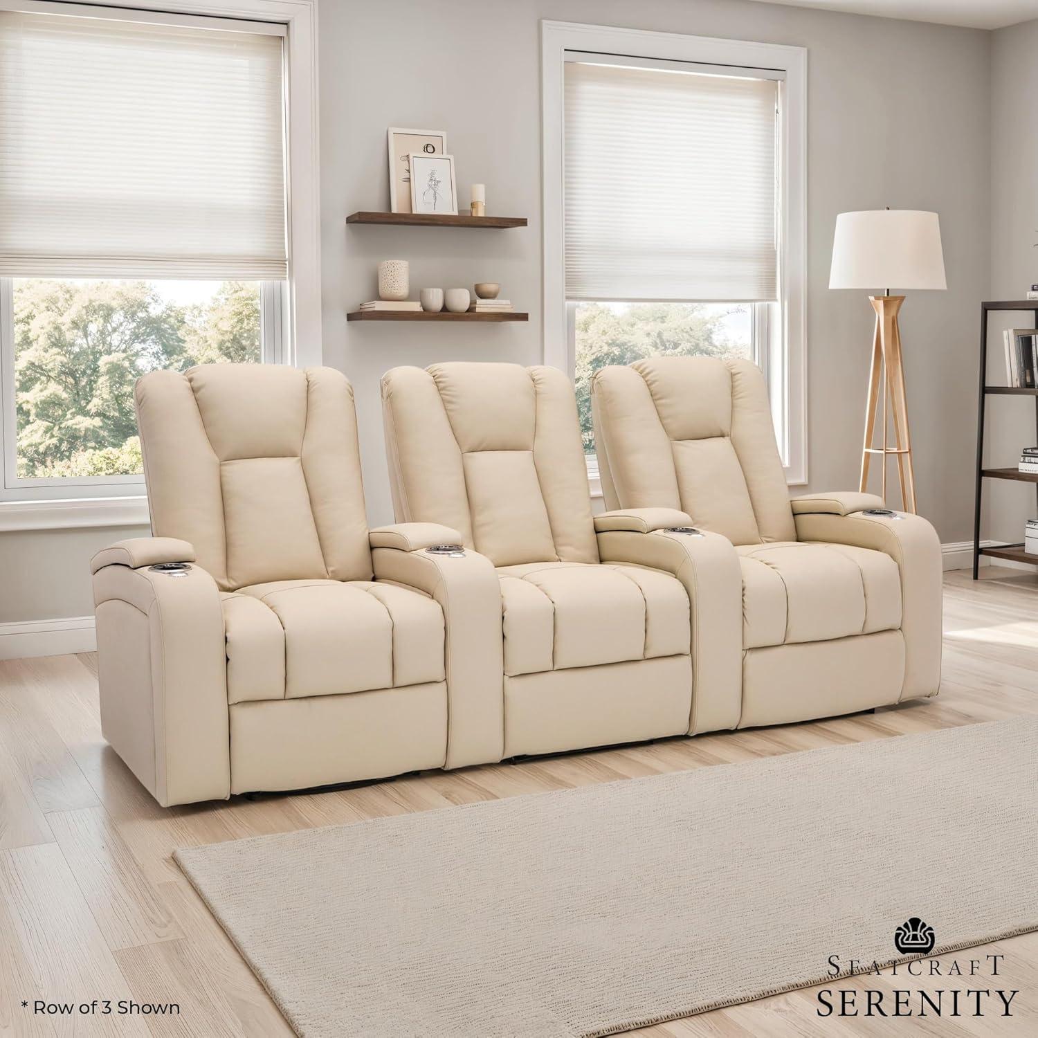 Seatcraft Serenity Italian Leather Home Theater Seating - Living Room - Power Recline - Tray Tables - in-Arm Storage - Ambient Base Lighting and Lighted Cupholders (Row of 4 Middle Loveseat, Cream)