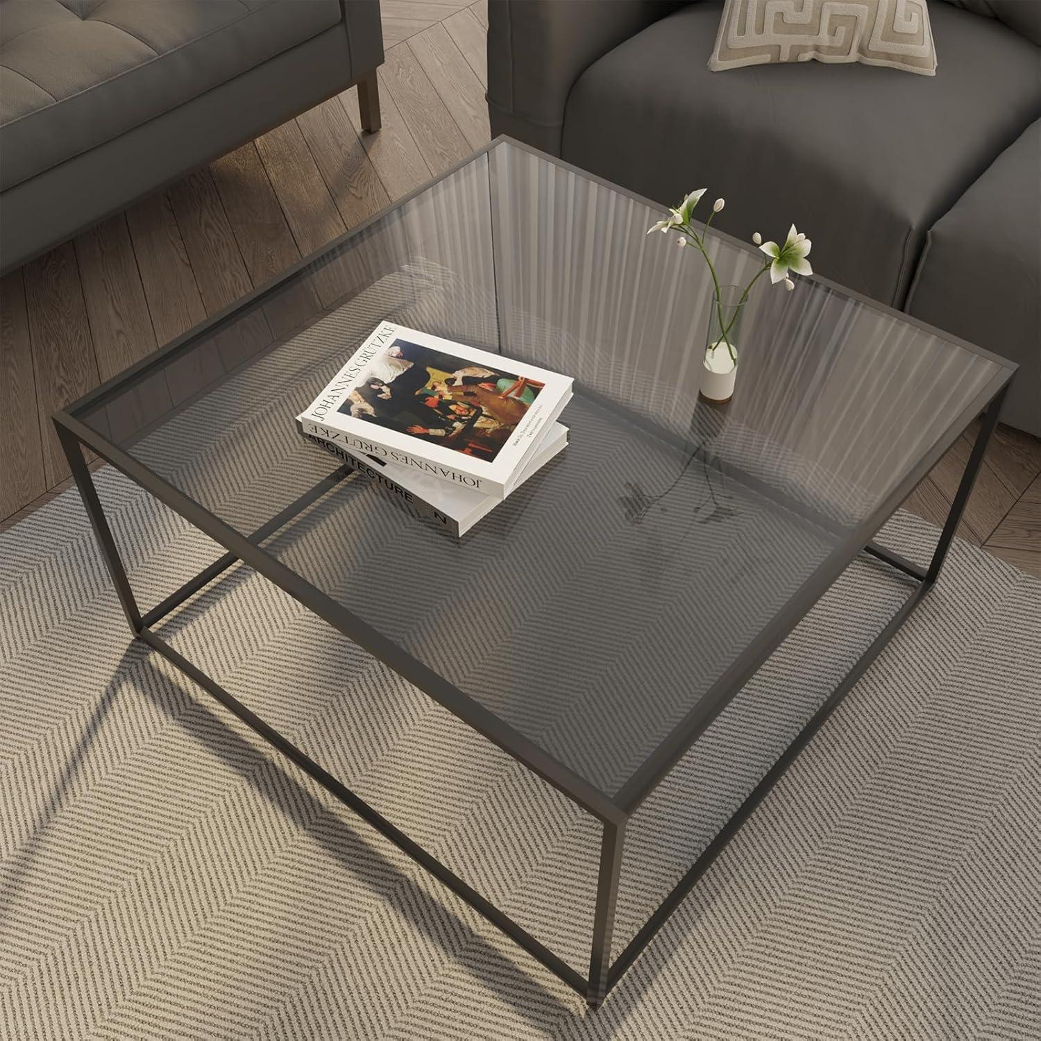 Modern Square Tempered Glass Coffee Table with Black Metal Frame