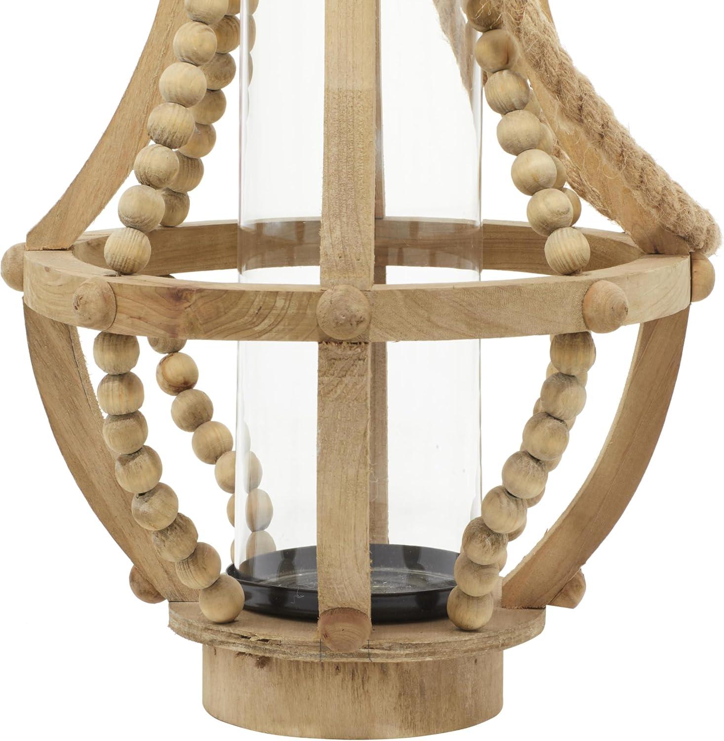 Olivia & May 16" x 10" Rustic Wood/Glass Candle Holder with Rope Handle Beige : Wooden Lantern, Tall Pillar Style