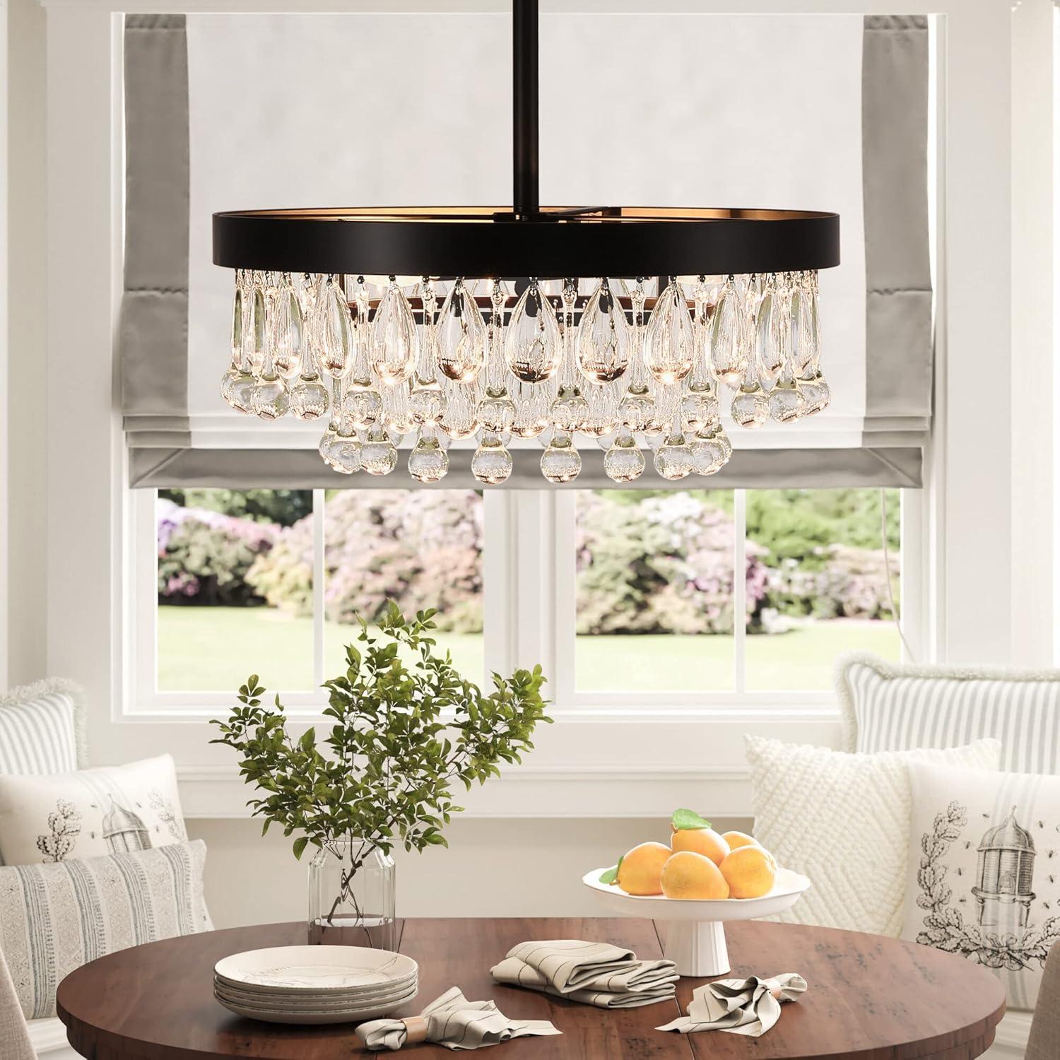 SEOL-Light Vintage Black Crystal Drops Close to Ceiling Light Fixture Round Tiered Chandeliers Large Flush Mount for Bedroom,Kitchen,Hallway,Dimmable,3 Light,120W,E12,15 Dia*6" H;