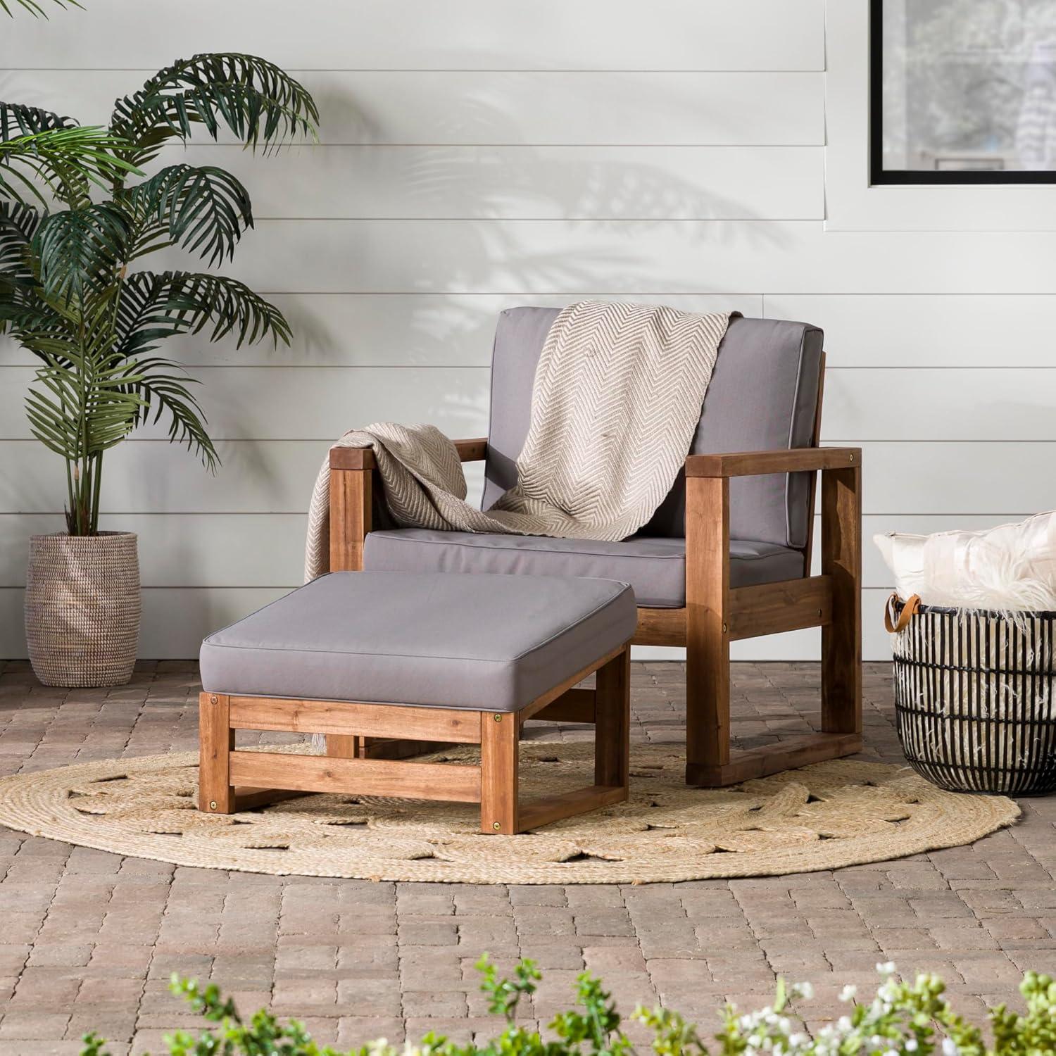 Gray Acacia Wood Outdoor Chair and Ottoman Set with Cushions