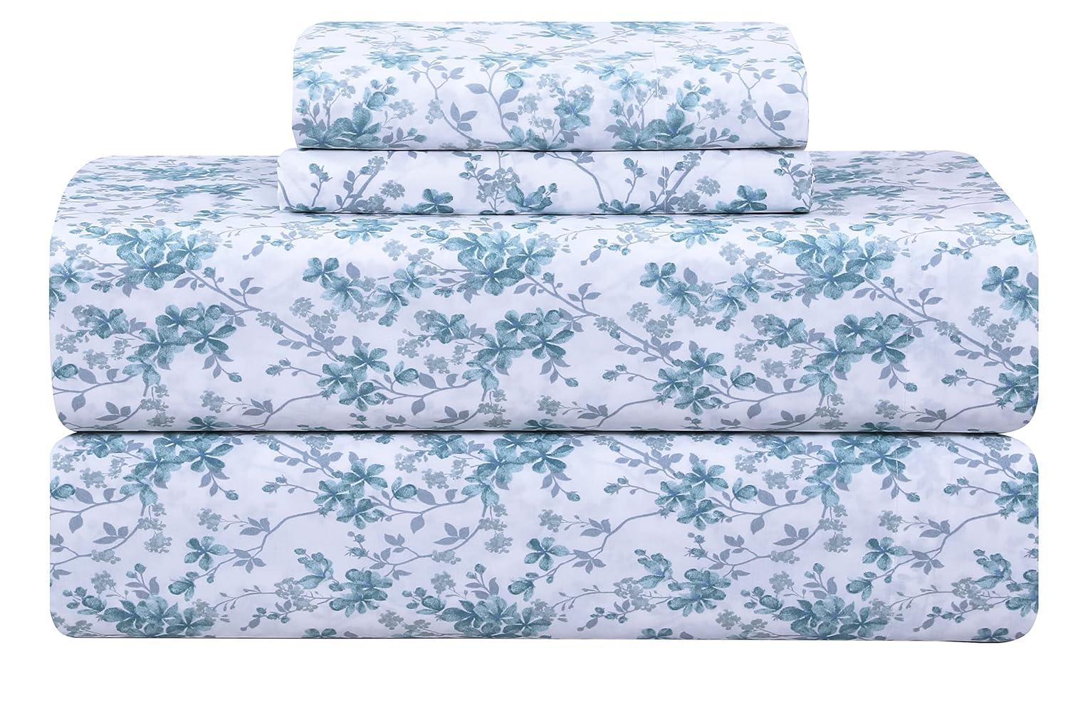 Feather & Stitch Softest 100% Cotton Sheets, 300 Thread Count Percale Weave Bedding, 16" Deep Pocket, Cooling Sheets, Breathable Bed Set, Hotel Premium Quality (Full, Blue Floral)