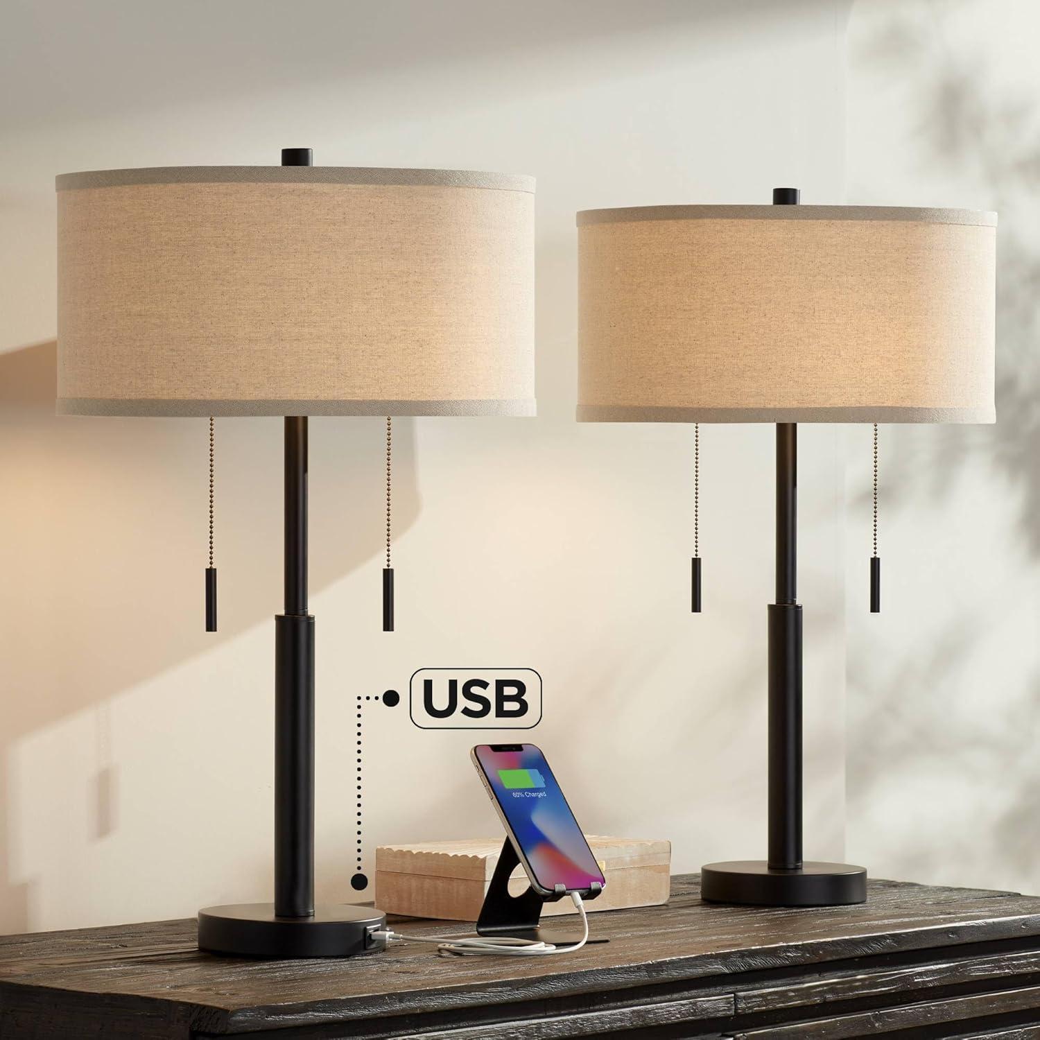 Franklin Iron Works Bernie Industrial Table Lamps 25" High Set of 2 Rich Bronze with USB Charging Port Tan Drum Shade for Bedroom Living Room Bedside