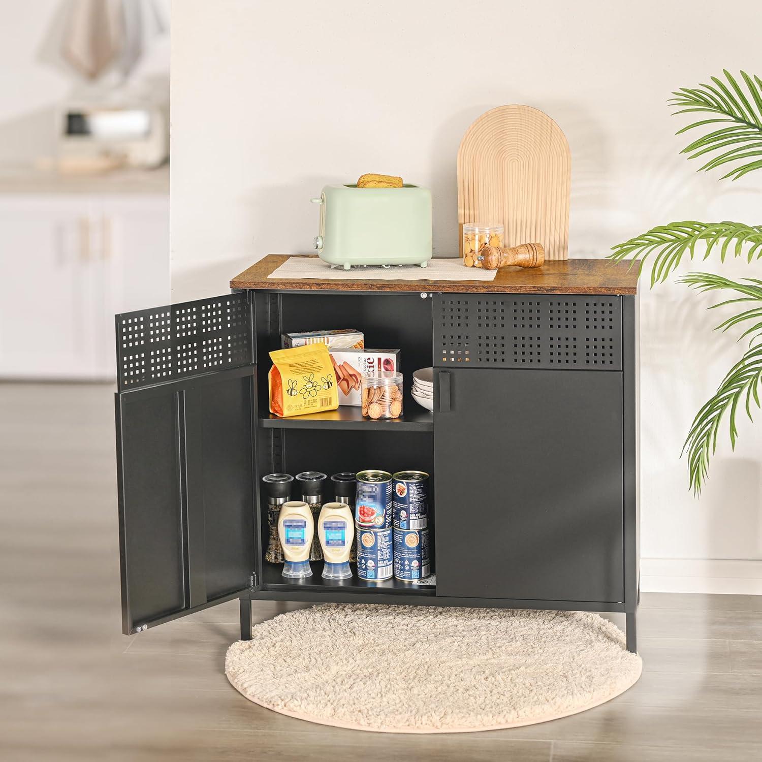 Storage Sideboard, Buffet Table with Adjustable Shelves, Floor Storage Cupboard, Steel Frame, Rustic Brown and Black ULSC102B01