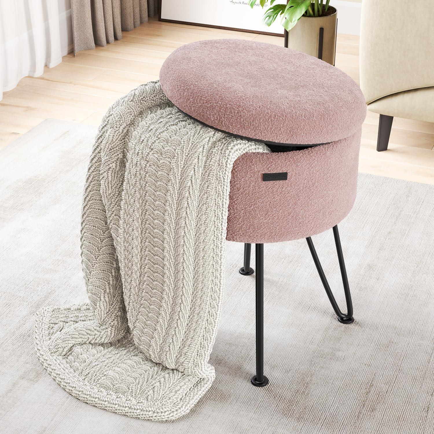 StorageBud Round Ottoman with Storage, Boucle Storage Ottoman, Modern Foot Stool Ottoman for Living Room and Bedroom, Pink/Black Legs