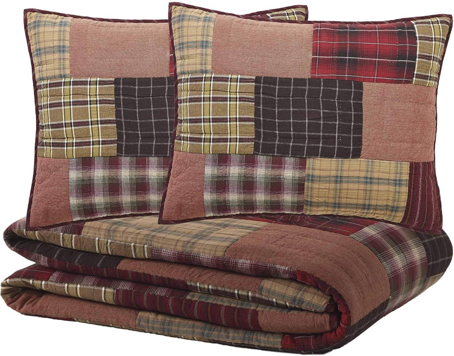 VHC Brands Wyatt Plaid Cotton Rustic Pre-Washed Square Quilt Sham Queen Bedding Accessory, Set, Patchwork Tan