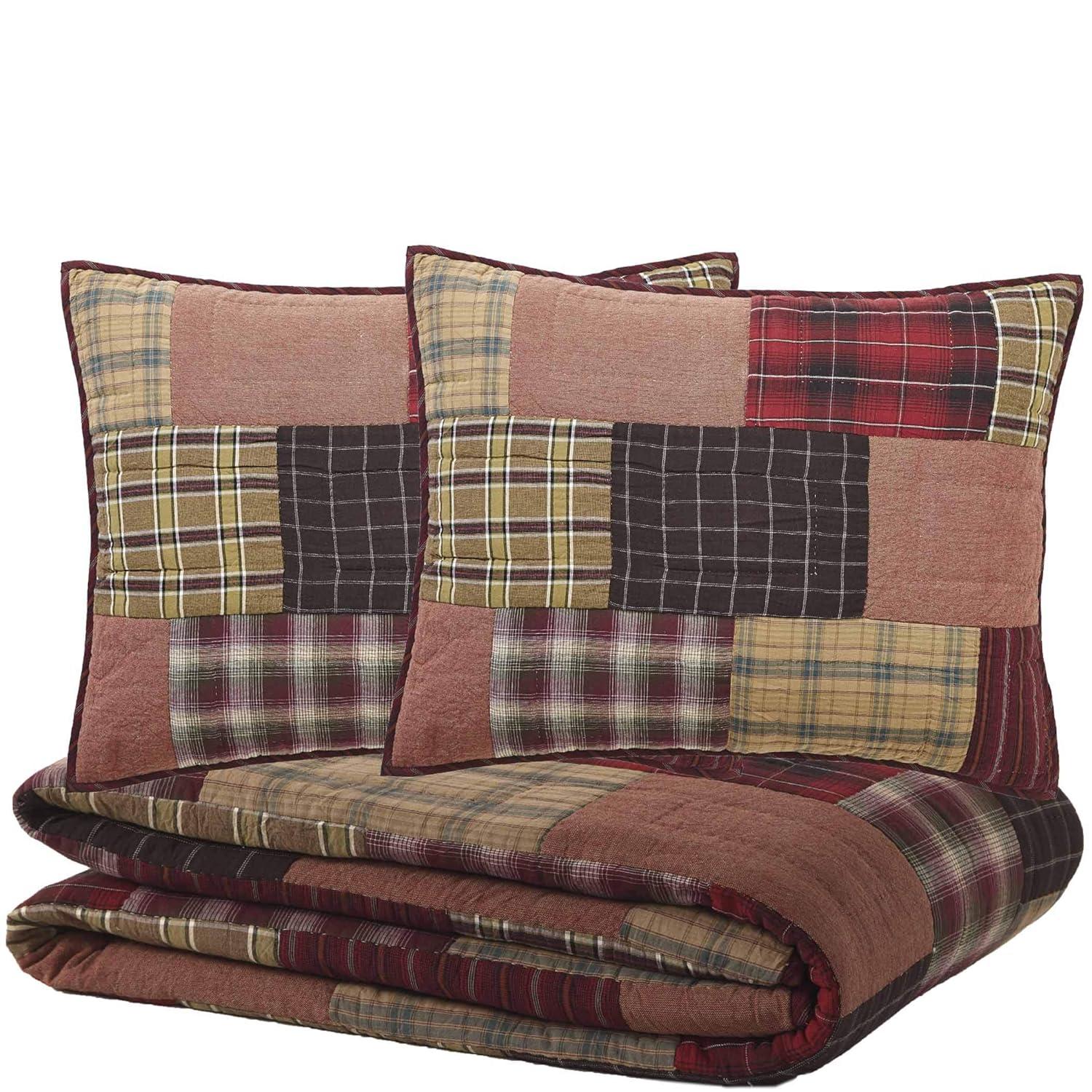 VHC Brands Wyatt Plaid Cotton Rustic Pre-Washed Square Quilt Sham Queen Bedding Accessory, Set, Patchwork Tan