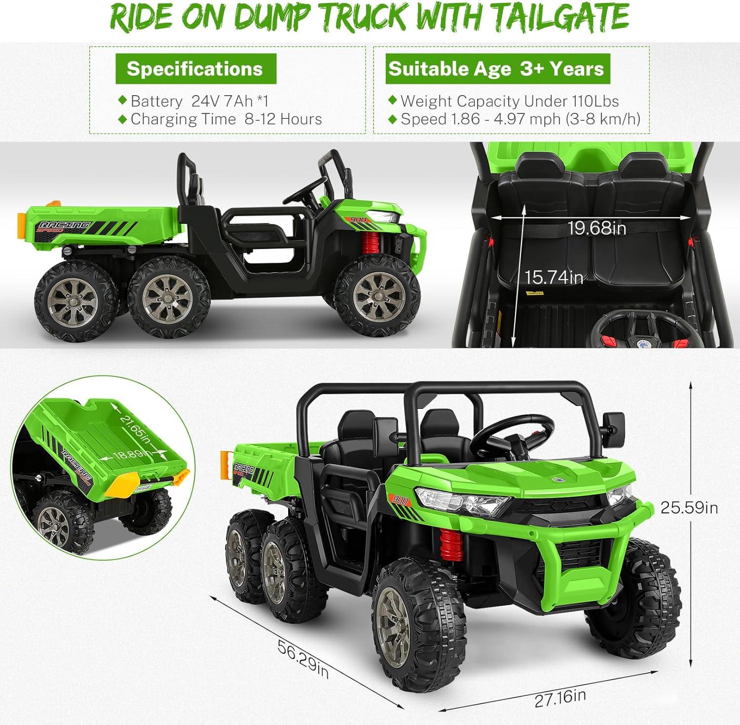 24V Ride on UTV Car, 2 Seater Kids Electric Powered Ride on Toys Dump Truck with Trailer Remote Control, Green