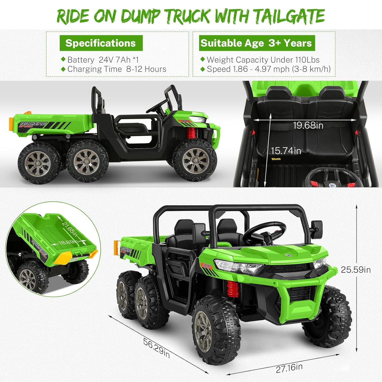 DreamDwell Home 4 Wheels 24V Ride on Dump Truck Toys 2 Seater Kids Ride On UTV Car with Remote Control,Electric Dump Bed