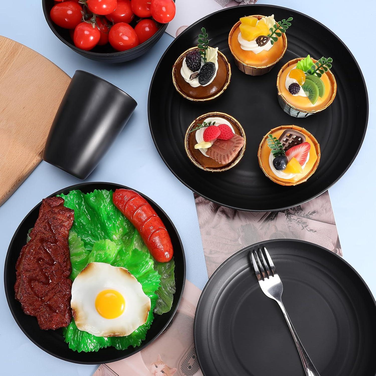 32 Pcs Wheat Straw Dinnerware Sets,Plastic Plates and Bowls Sets for 8,Unbreakable Dinnerware Set,Reusable Lightweight Black Dish Set for Kitchen,Camping,Party,RV,Dishwasher Microwave Safe