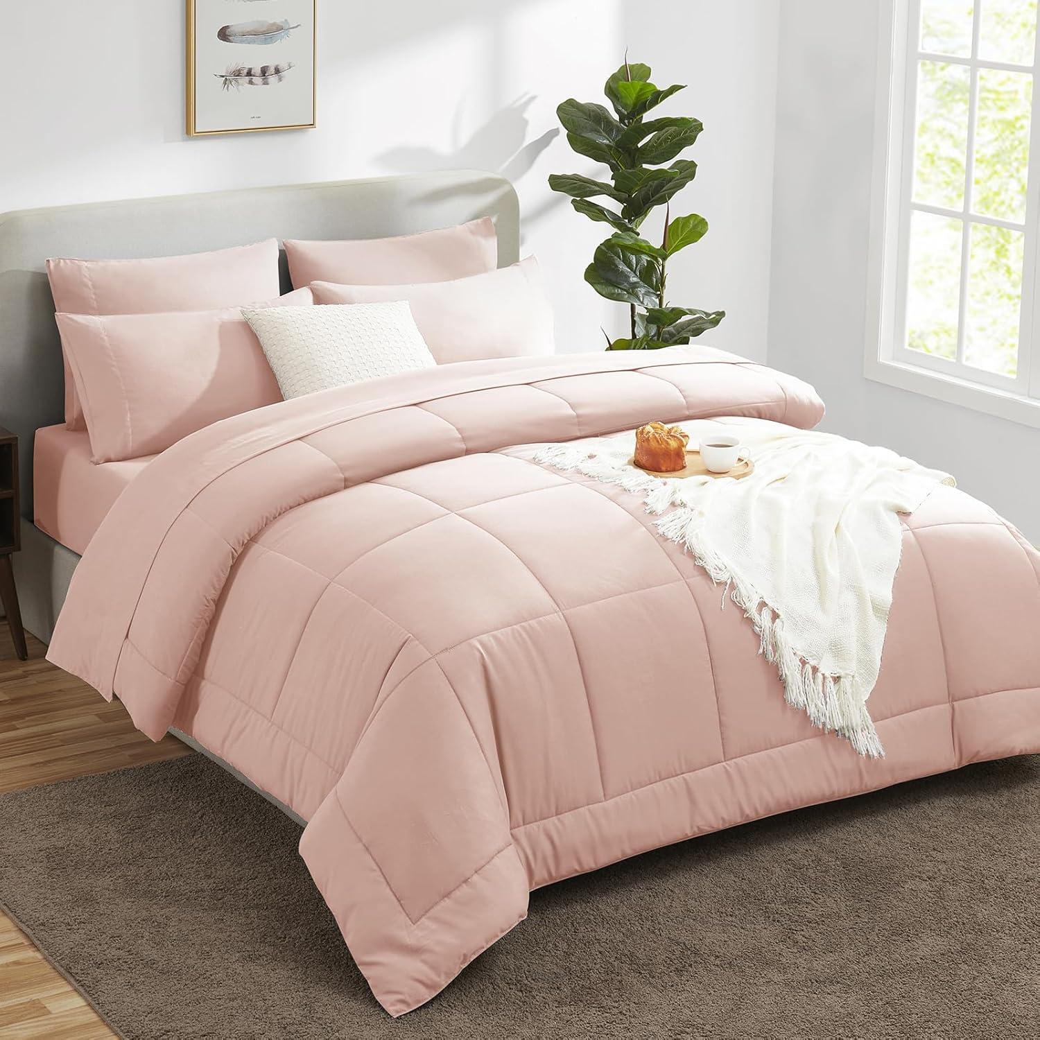 Anluoer Queen Comforter Set 7 Piece, Pink Bed in a Bag with Comforters, Pillow Shams, Pillowcases, Flat Sheet, Fitted Sheet