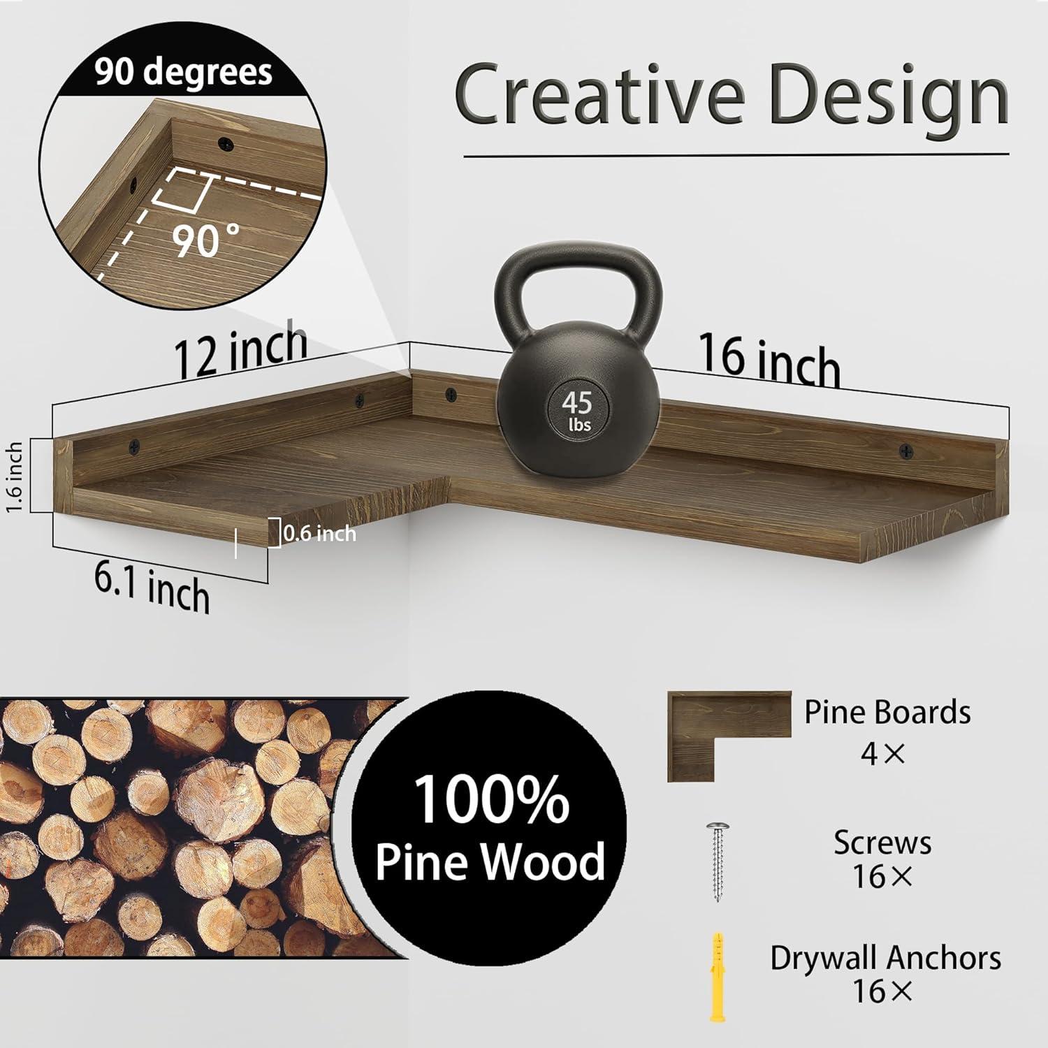 Floating Corner Shelves Set of 4, Rustic Pine Wooden Floating Corner Wall Shelf for Wall Décor Storage, L Shaped Corner Shelf Wall Mount For Bedroom, Living Room, Bathroom, Kitchen, Light Brown